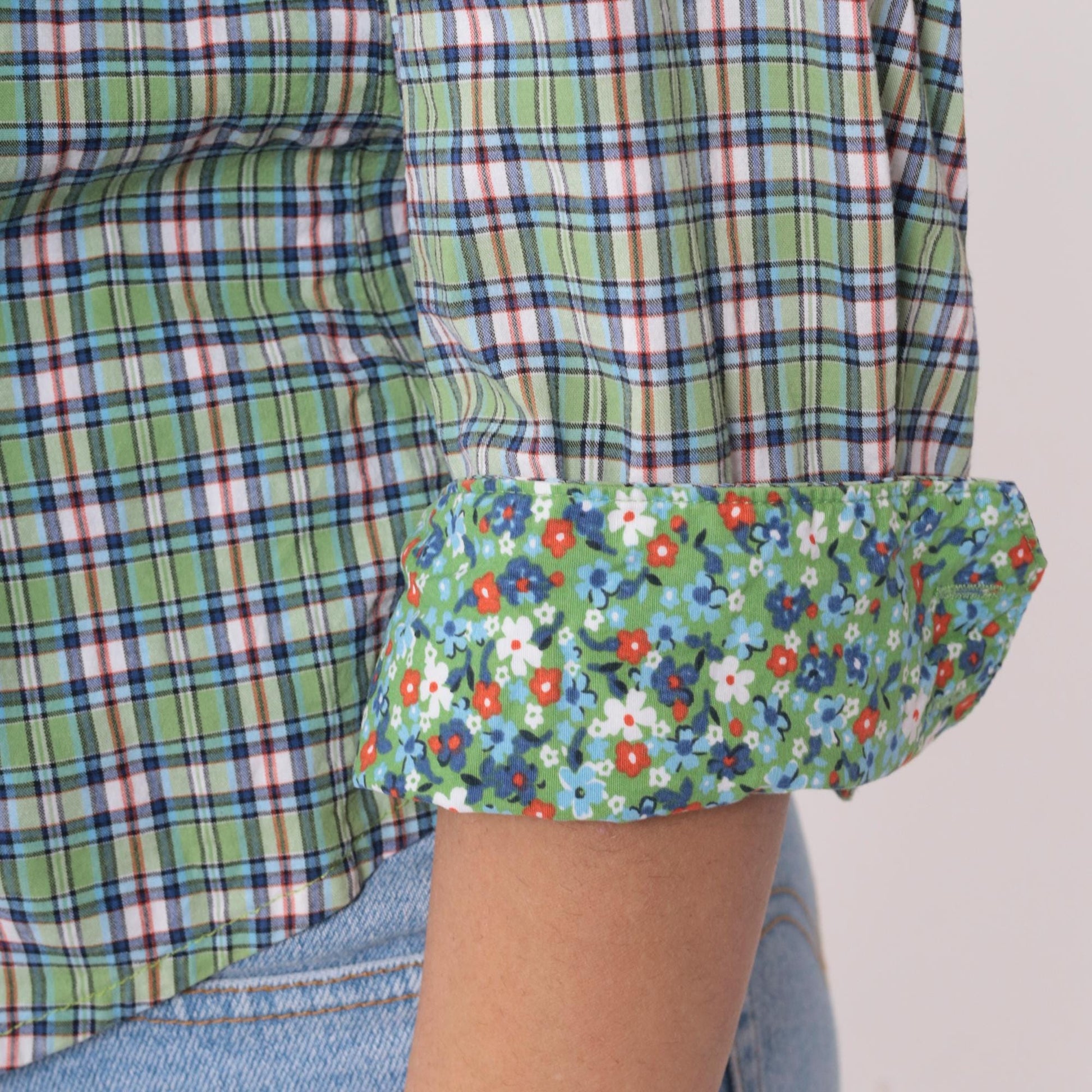 Y2K Talbots Plaid Button-Up Shirt Green Blue Floral Cuff Medium