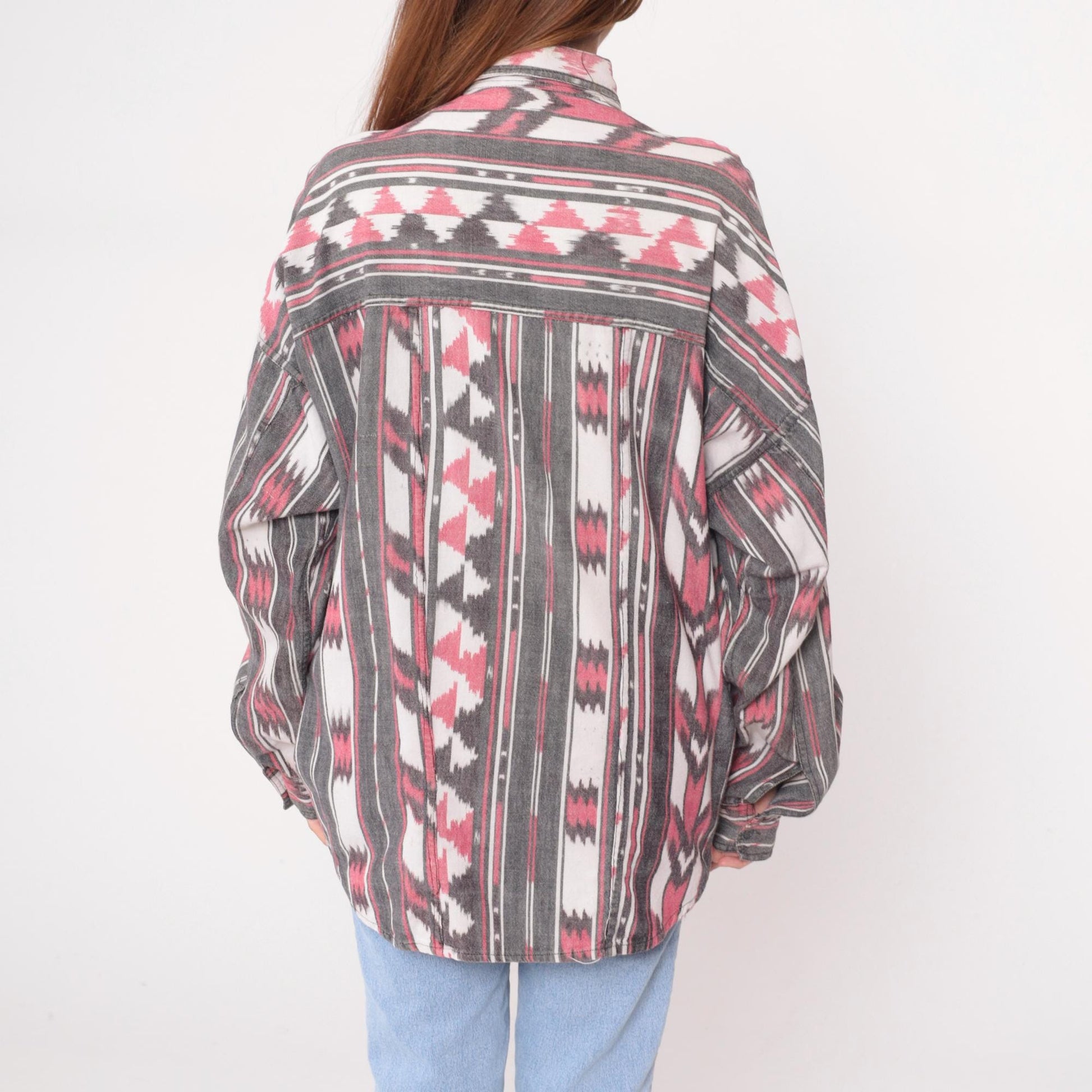 90s Laura Kiran Southwestern Ikat Button Shirt Pink Grey Cotton Extra Large XL