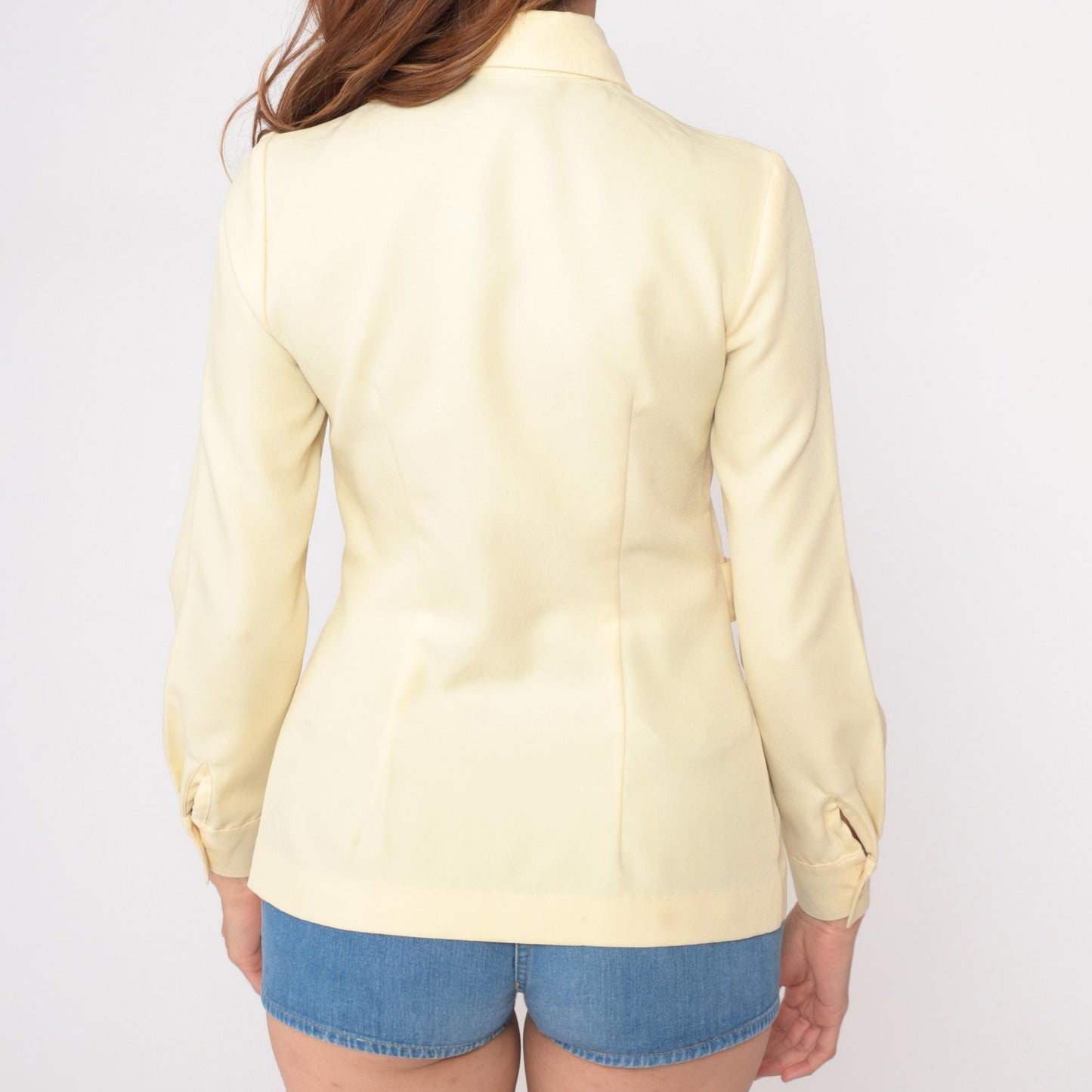 70s Yellow Safari Shirt Dagger Collar Button-Up Fitted Blouse Small