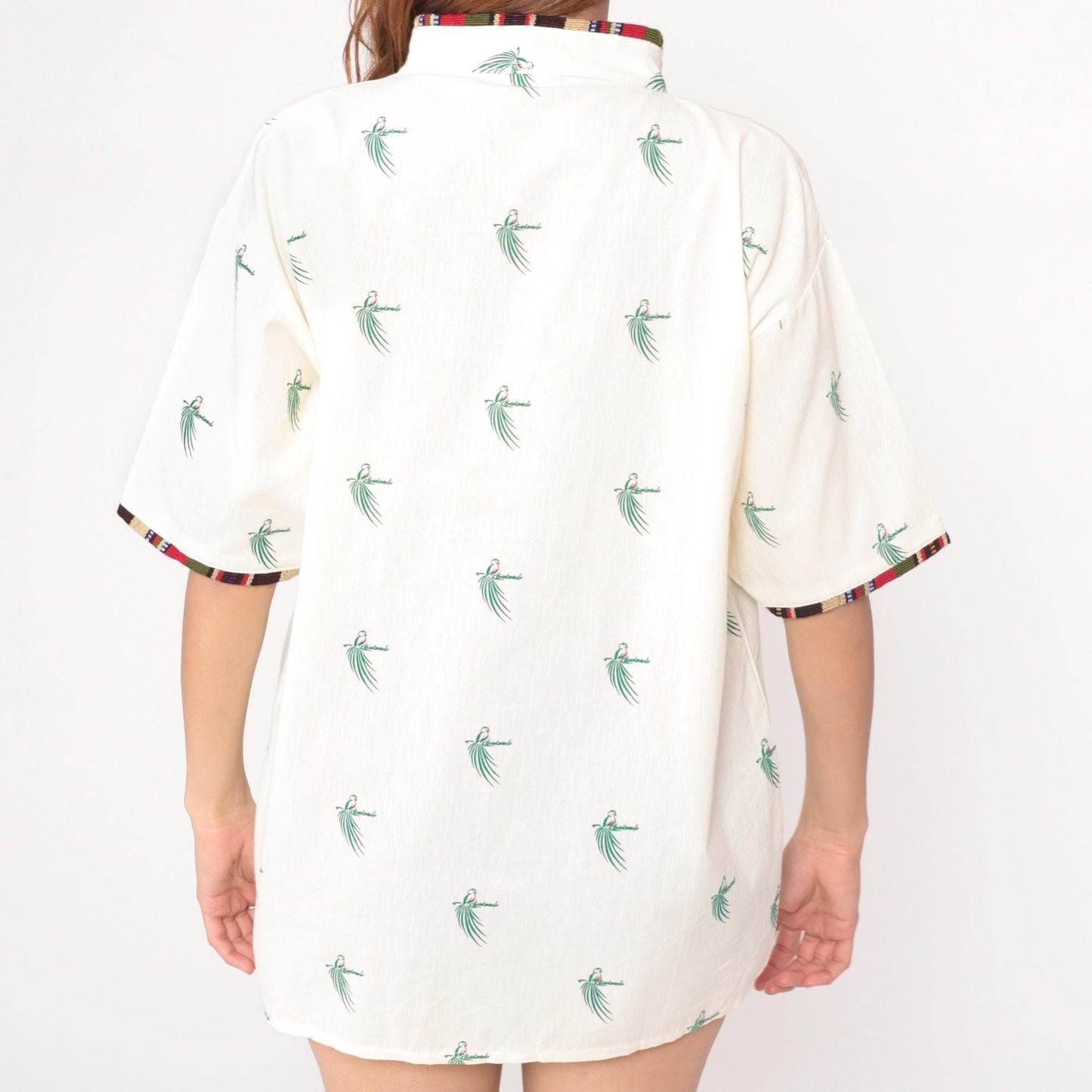 Y2K Guatemala Quetzal Bird Print Lace-Up Tunic Cream Cotton Short Sleeve Large L