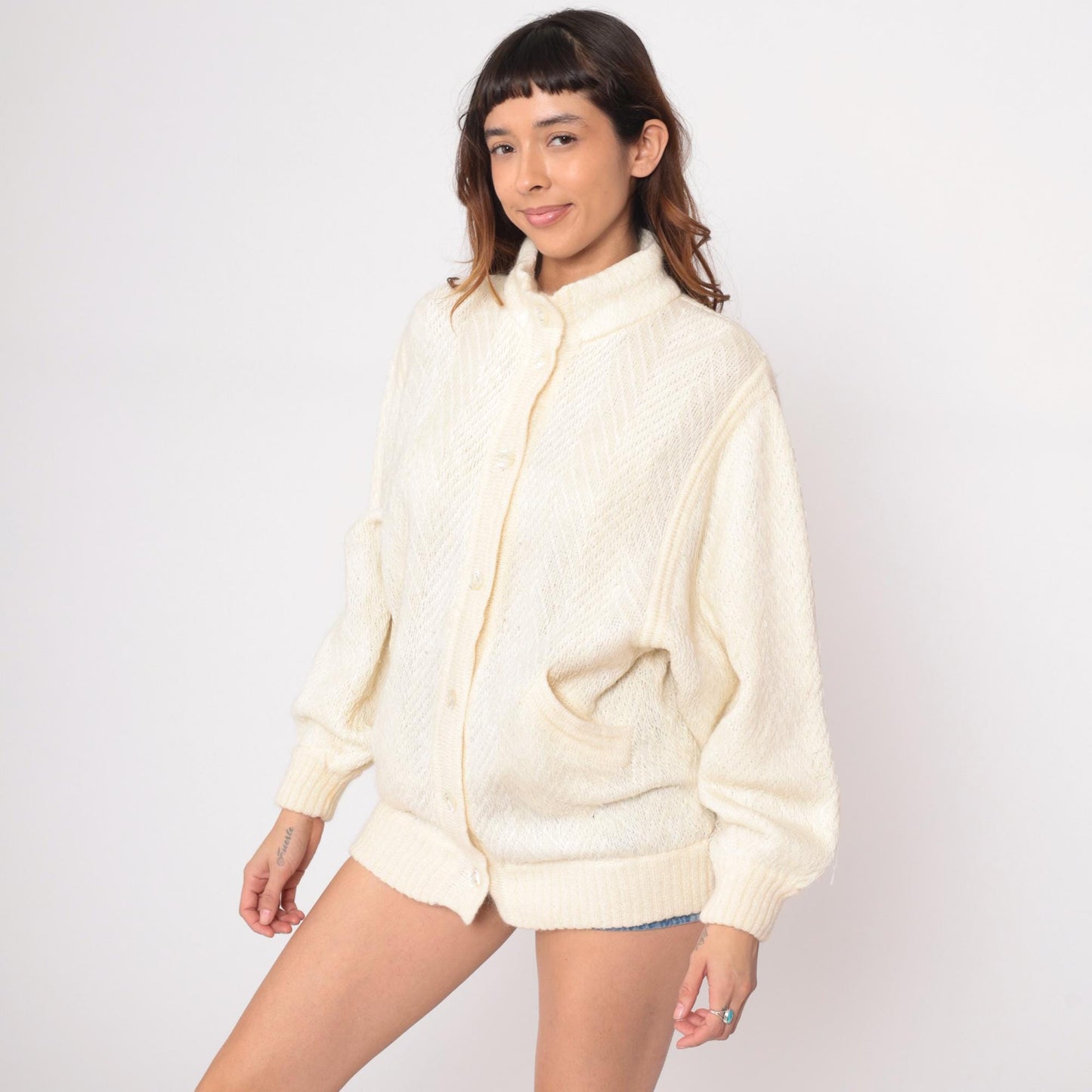 80s Leroy Cream Cardigan Open Lattice Knit Diamond Pattern Medium