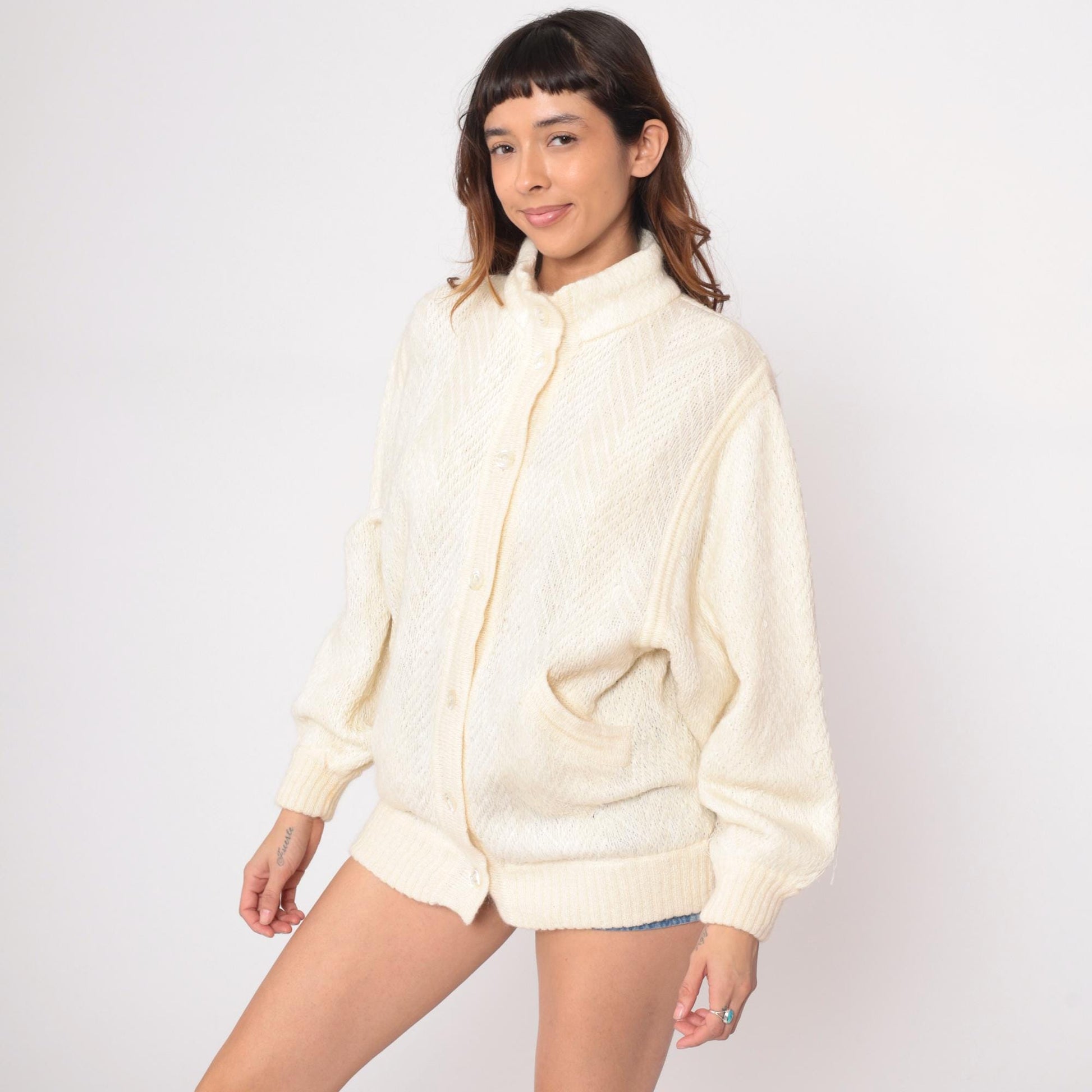80s Leroy Cream Cardigan Open Lattice Knit Diamond Pattern Medium