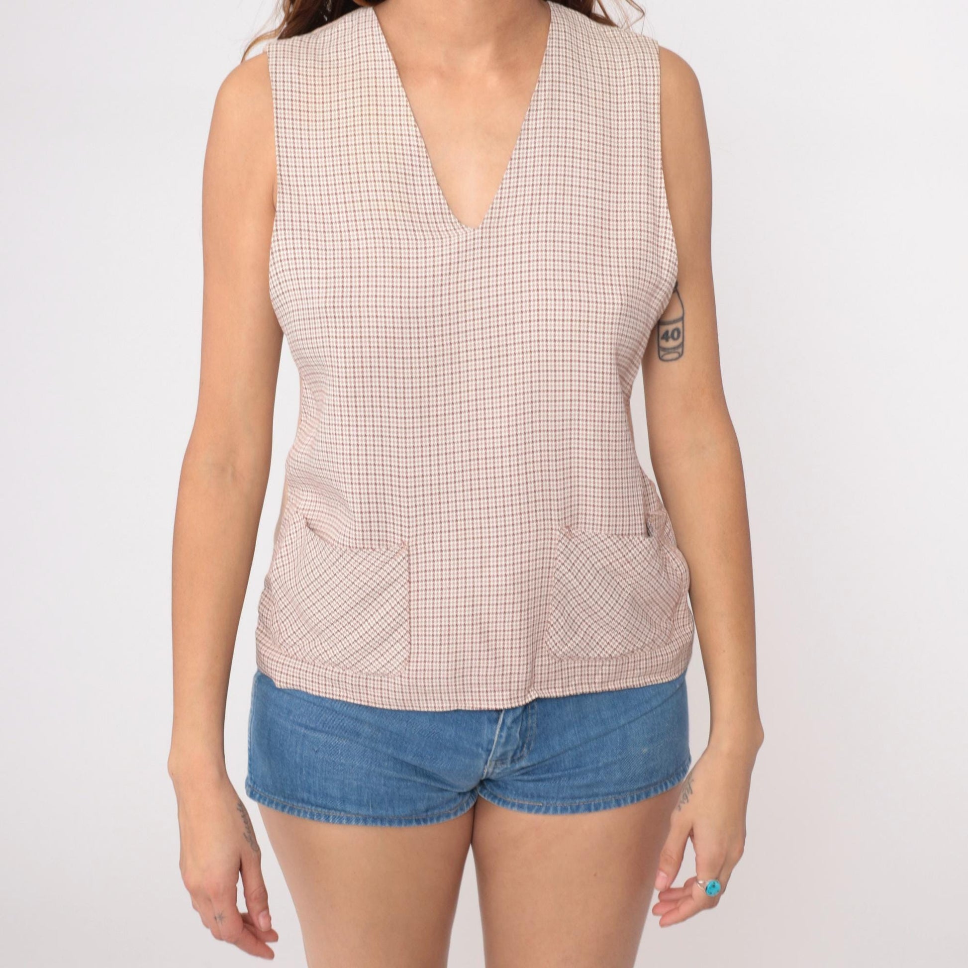70s Campus Sportswear Cream Ribbed Knit Vest Houndstooth Trim Small