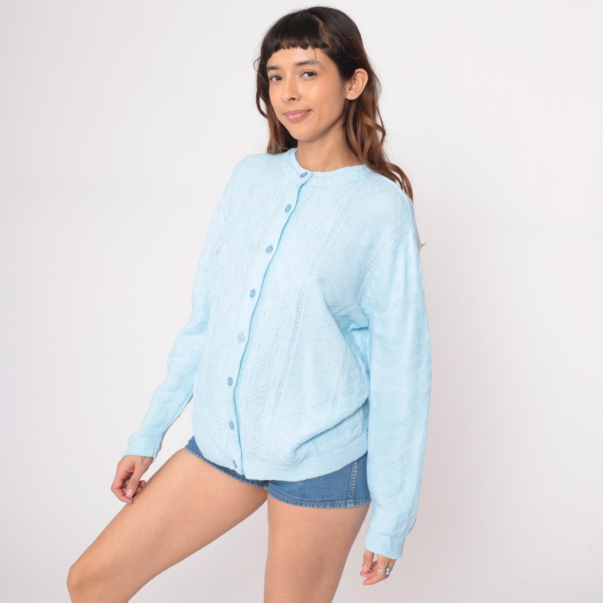 80s Pale Blue Cable Knit Cardigan Button Front Long Sleeve Large L