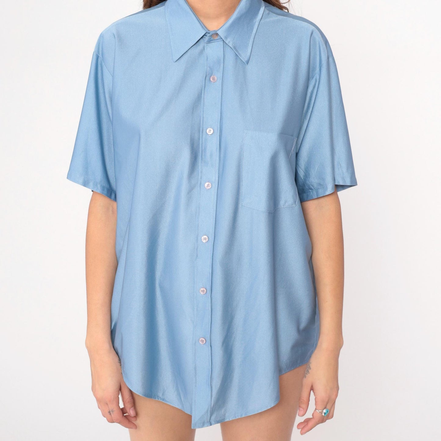 70s Van Heusen Light Blue Button-Front Shirt Short Sleeve Pointed Collar Extra Large