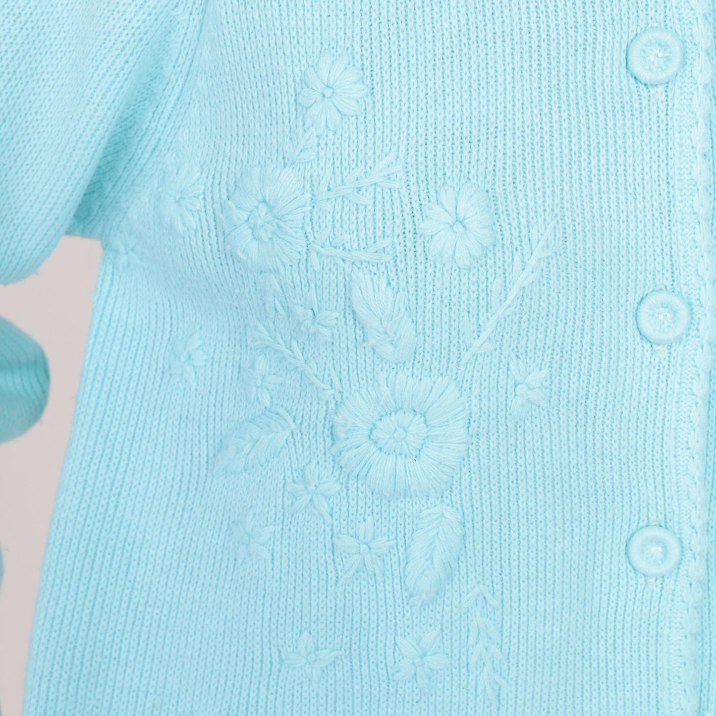 70s Pale Blue Cardigan Embroidered Floral Button Front Knit Medium