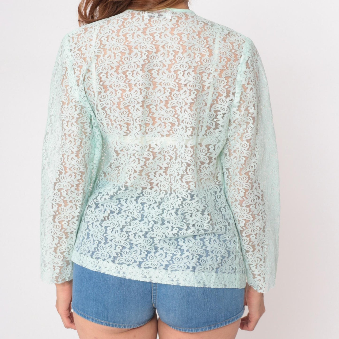 70s Montgomery Ward Mint Lace Cardigan Open Front Floral Small