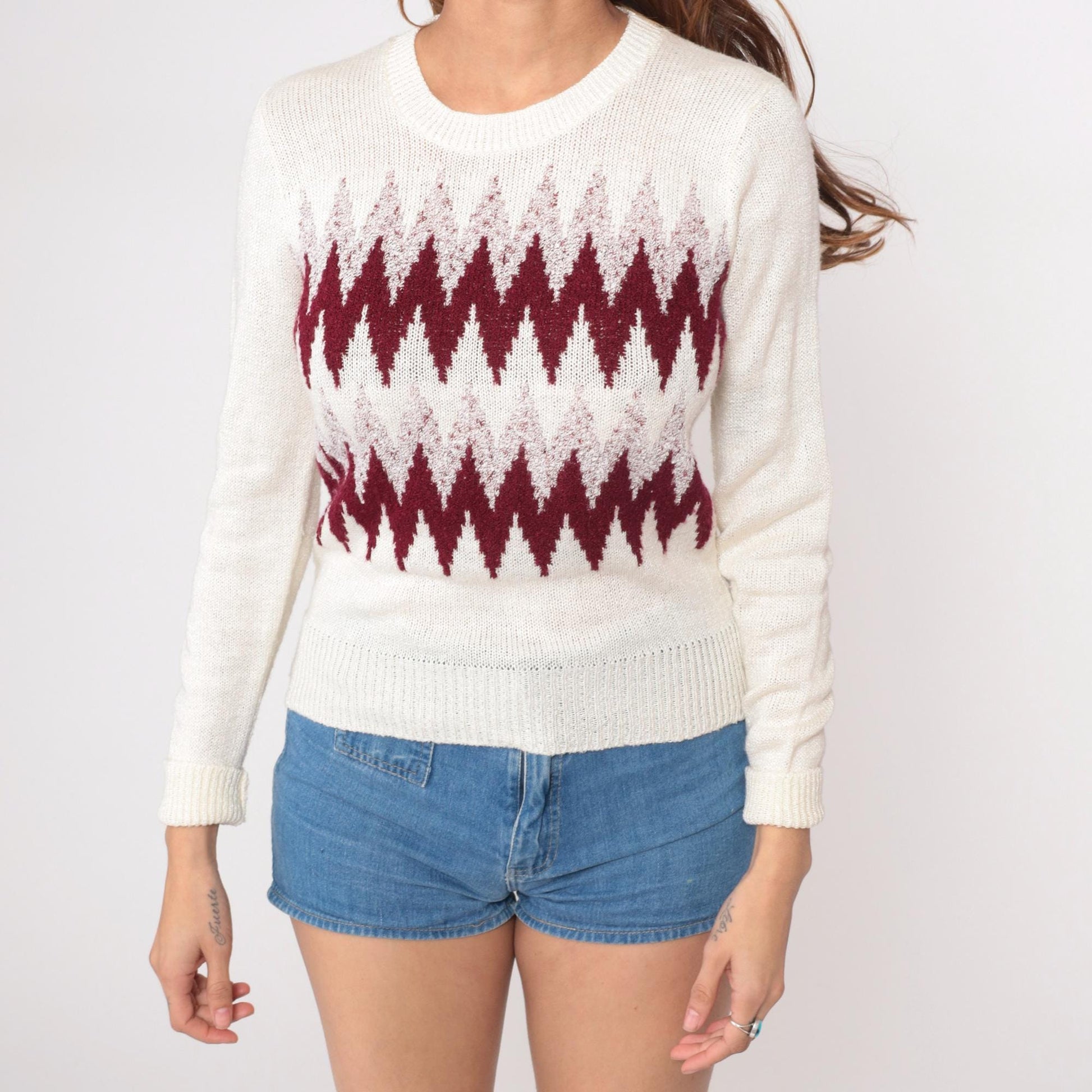 80s Cream Sweater Burgundy Mauve Diamond Geometric Crew Neck Small S