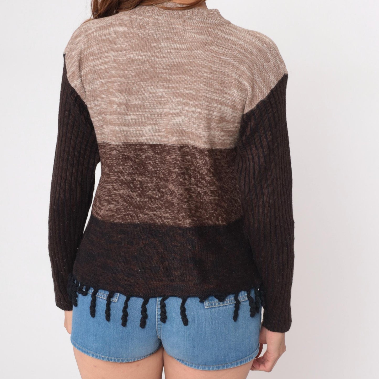 90s Color Block Striped Knit Sweater Brown Tan Fringe Hem Medium M