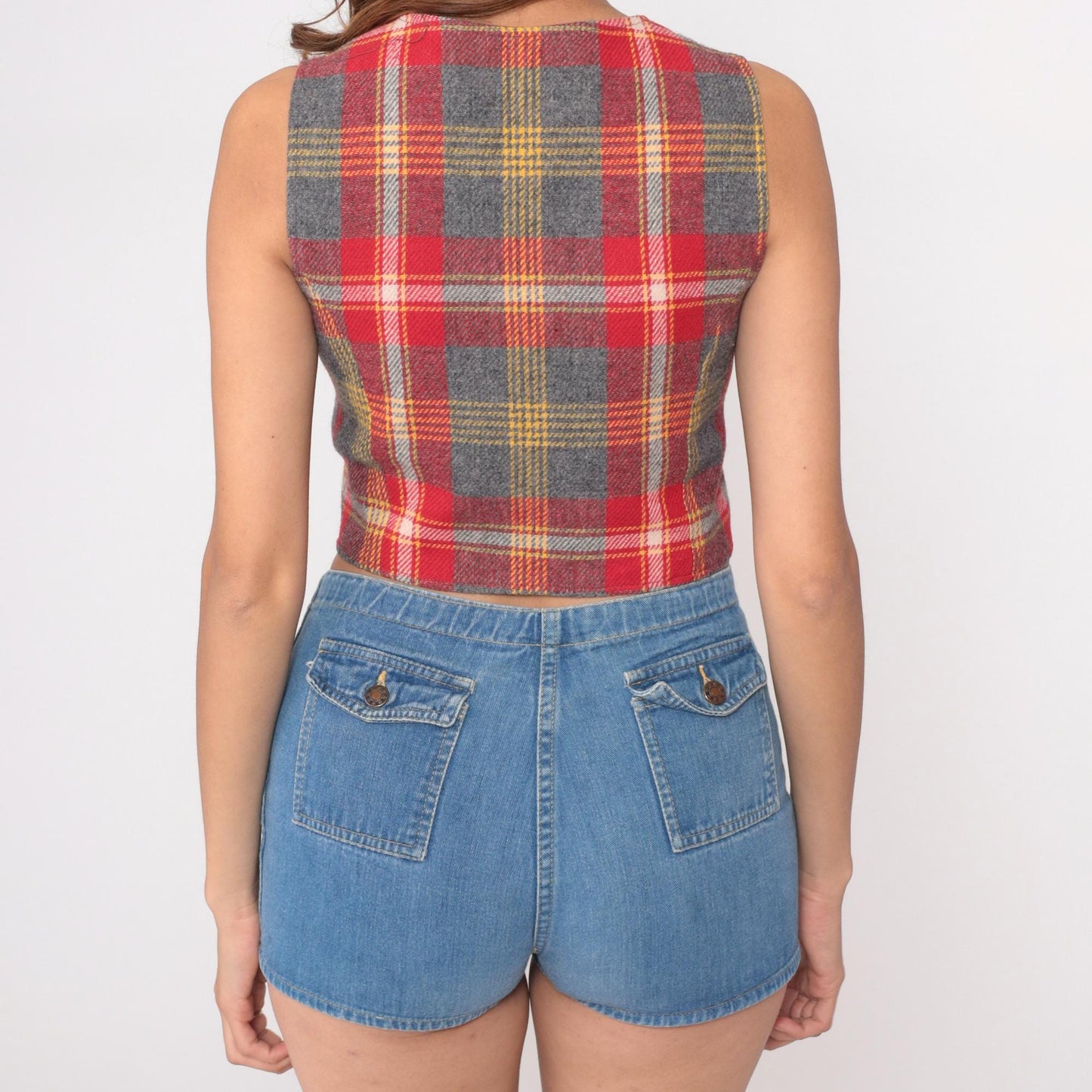 70s Bobbie Brooks Plaid Wool Vest Red Grey Gold V-Neck Extra Small XS