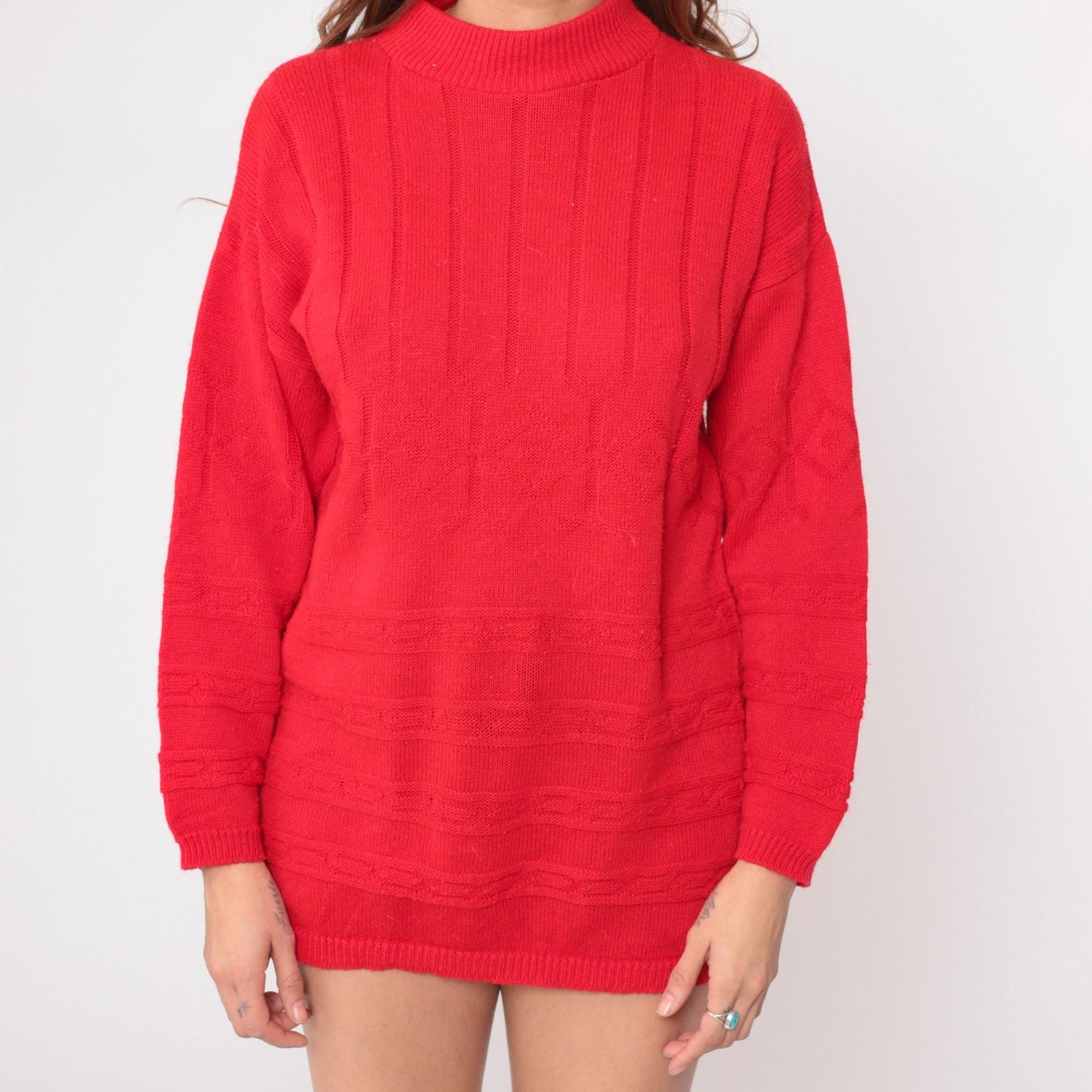 80s Mathias Coral Red Cable Knit Mock Neck Sweater Medium M