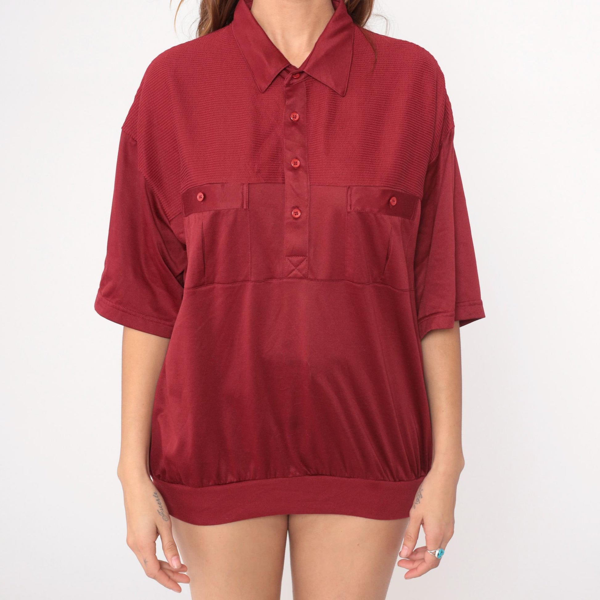80s Burgundy Polo Shirt Classics by Palmland Button Front Cotton Extra Large XL