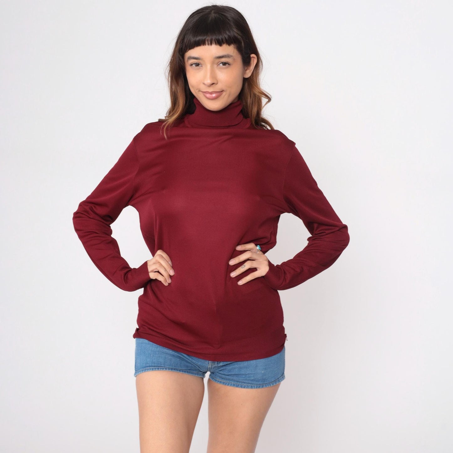 70s Burgundy Turtleneck Long Sleeve Ribbed Knit Pullover Extra Large