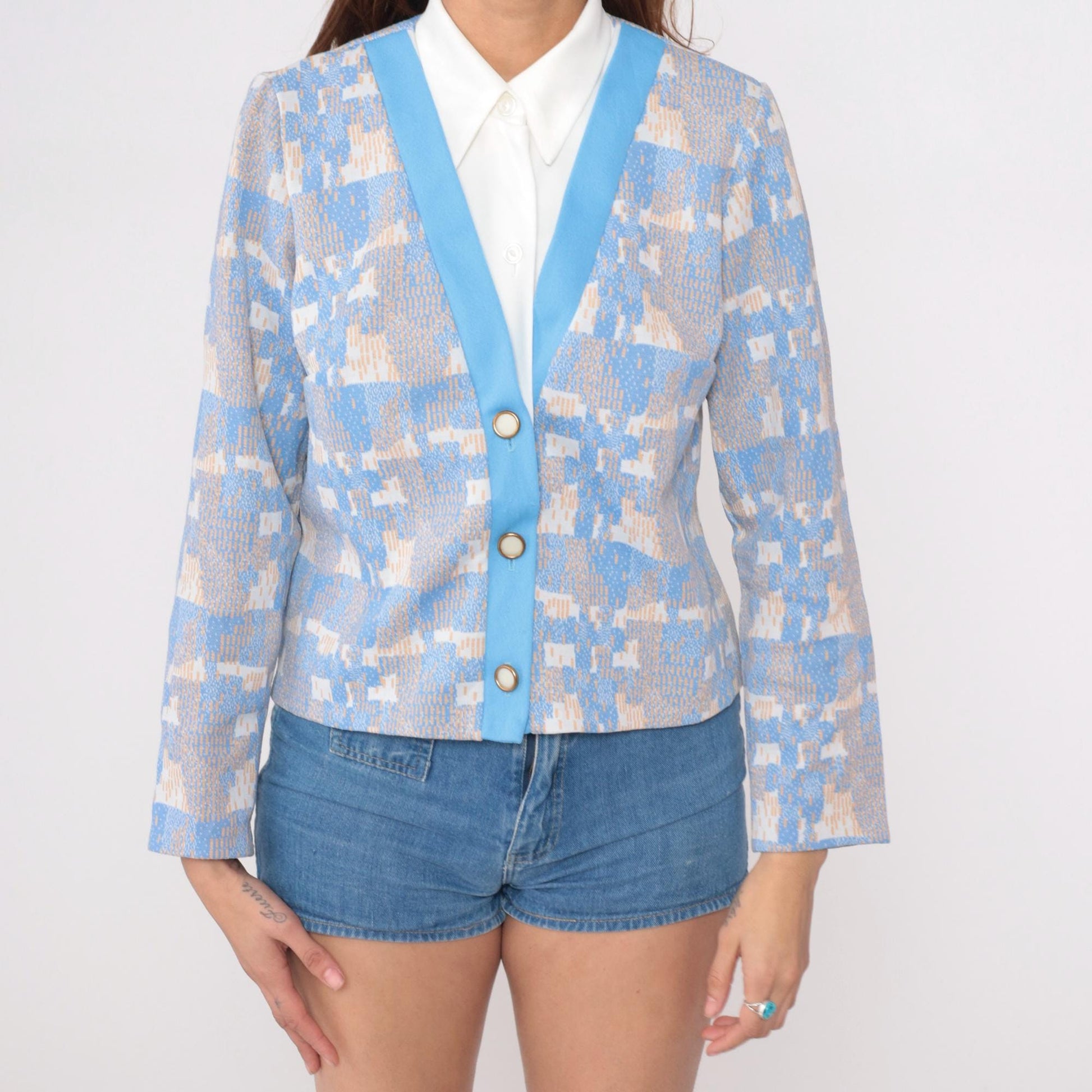 70s Geometric Pixelated Blazer Blue Cream Tan Notched Collar Cropped Medium