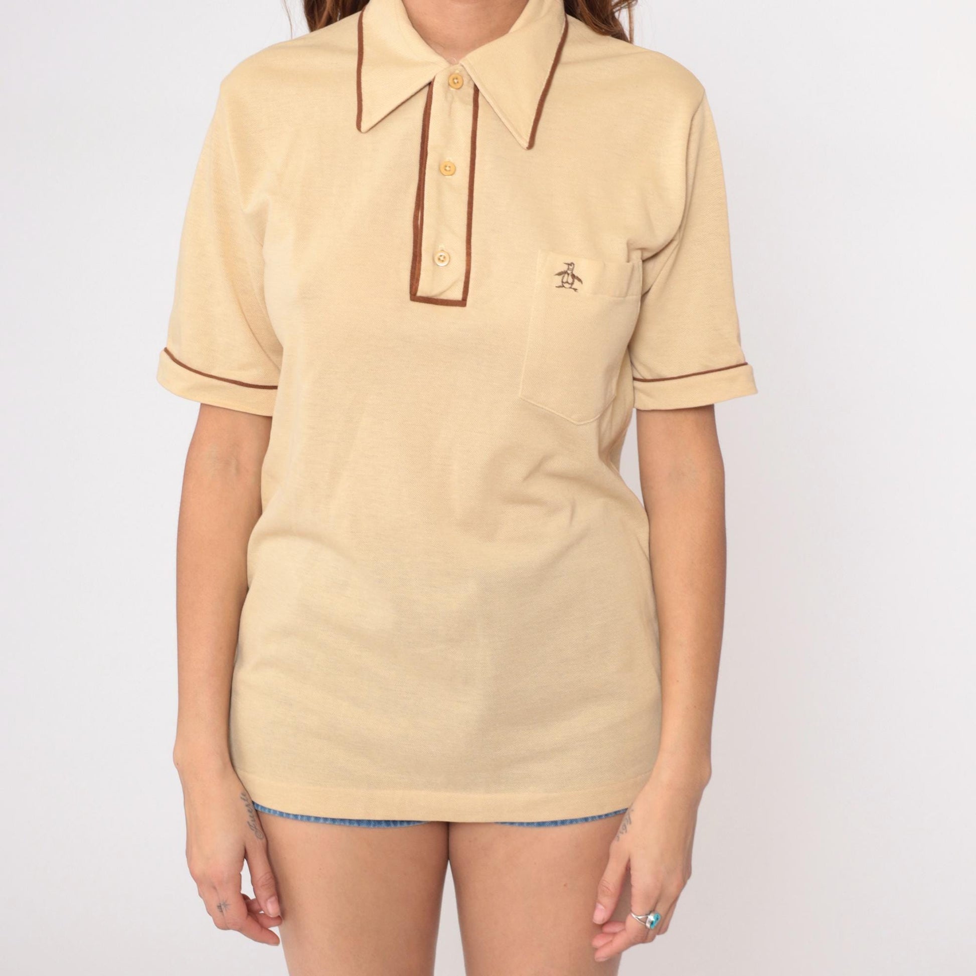 80s Grand Slam Munsingwear Polo Shirt Pale Yellow Brown Piping Medium