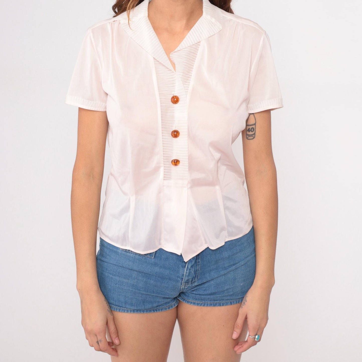 60s Diane Young Baby Pink Nylon Nightie V-Neck Button Front Lounge Top Large L