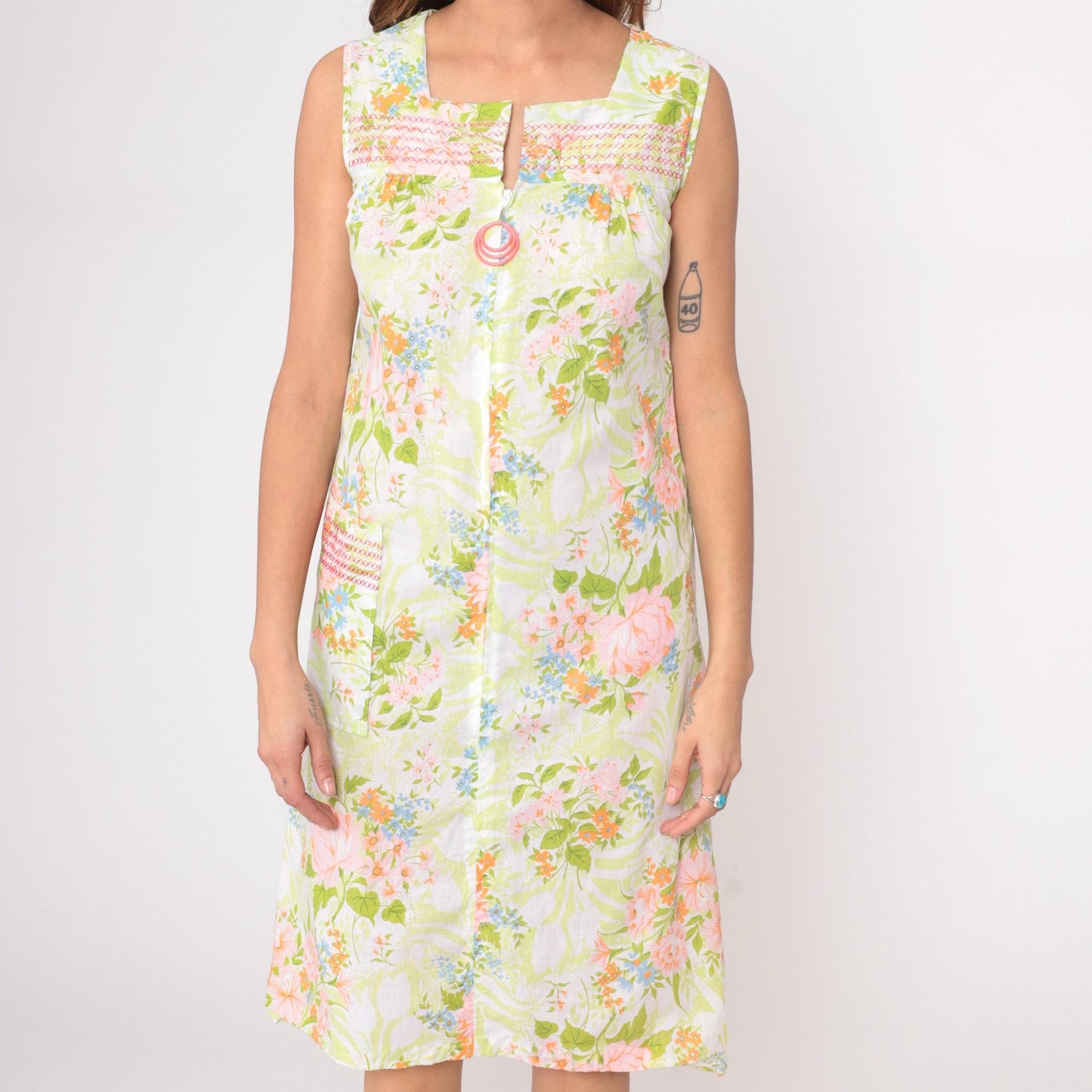 70s JC Penney Floral Maxi Dress Square Neck Smocked Yoke White Extra Small XS