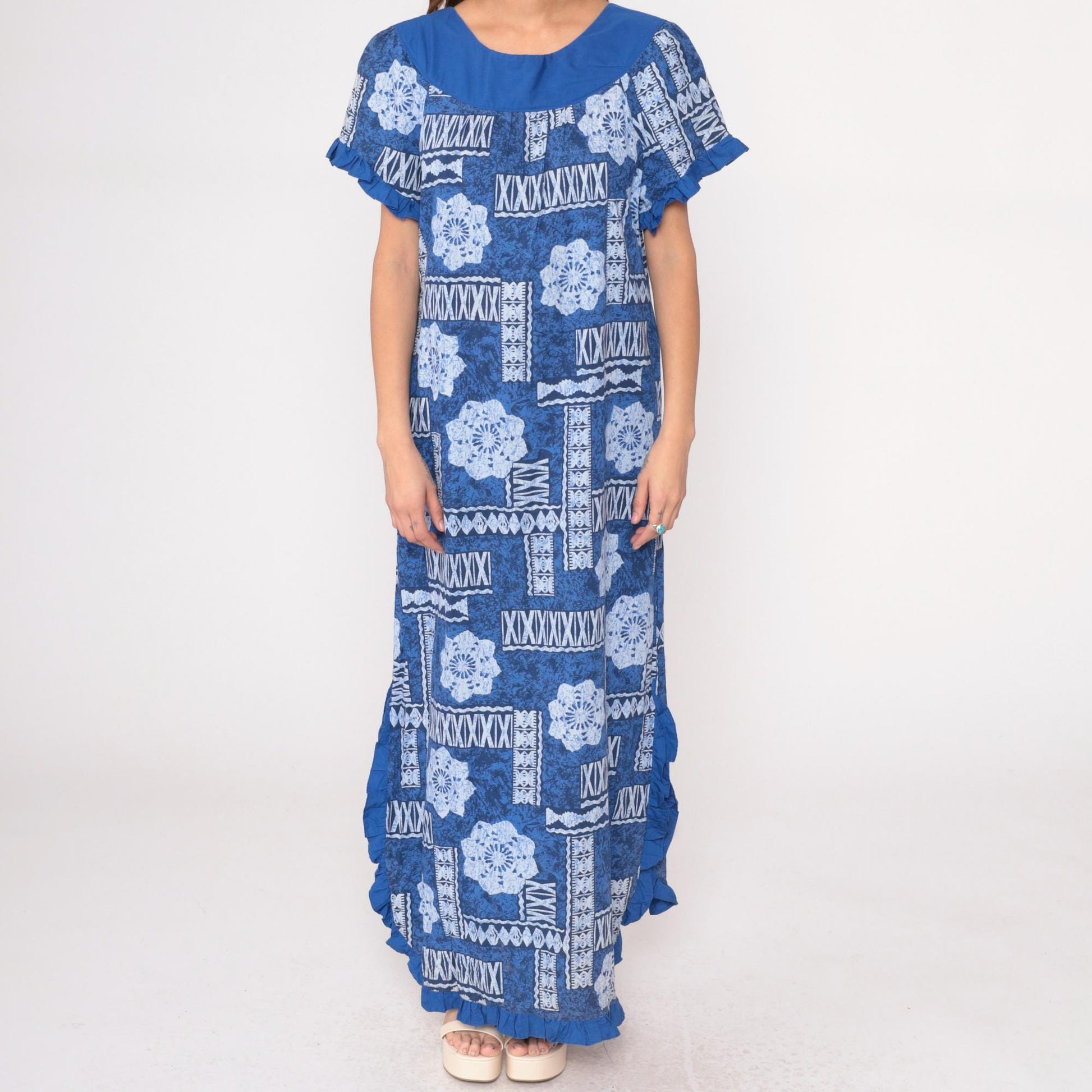 80s Blue White Geometric Tribal Maxi Dress Flutter Sleeve Scoop Neck Medium