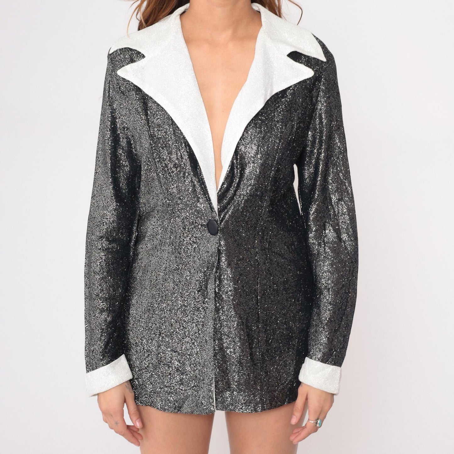 70s Fingerhut Fashions Metallic Blazer Silver White Collar Tuxedo Medium M