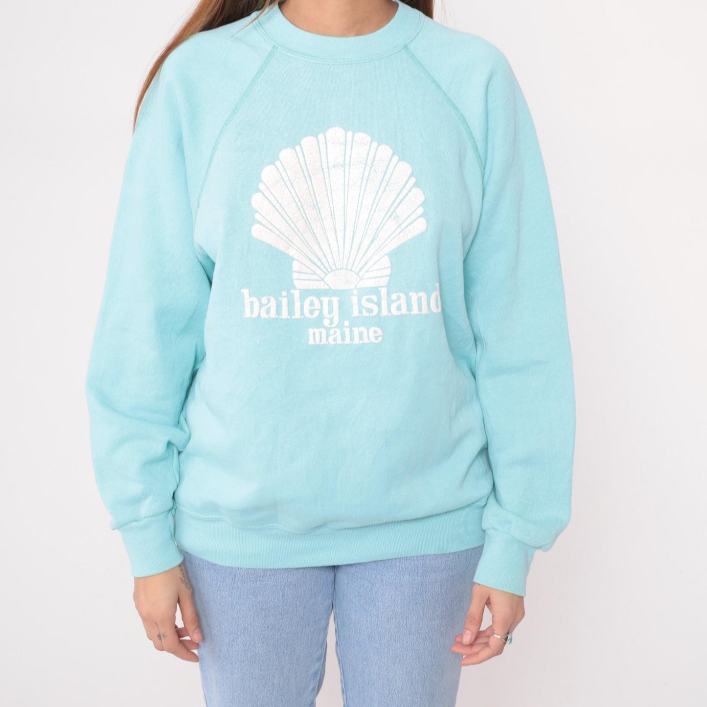 80s Tultex Bailey Island Maine Seashell Raglan Sweatshirt Light Blue Large