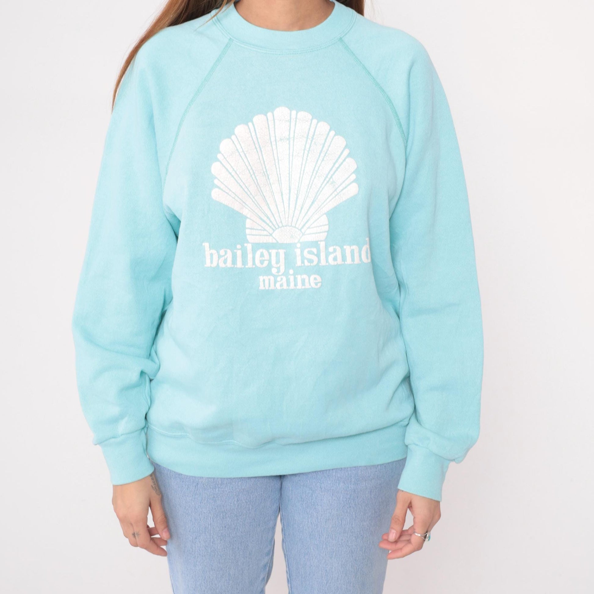 80s Tultex Bailey Island Maine Seashell Raglan Sweatshirt Light Blue Large