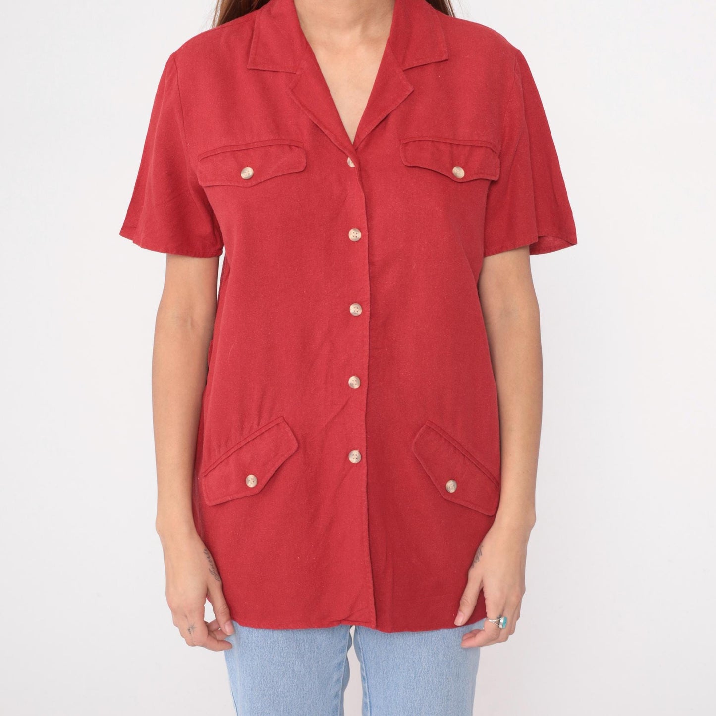 Y2K Anna and Frank Silk Safari Shirt Red Camp Collar Button Front Small S