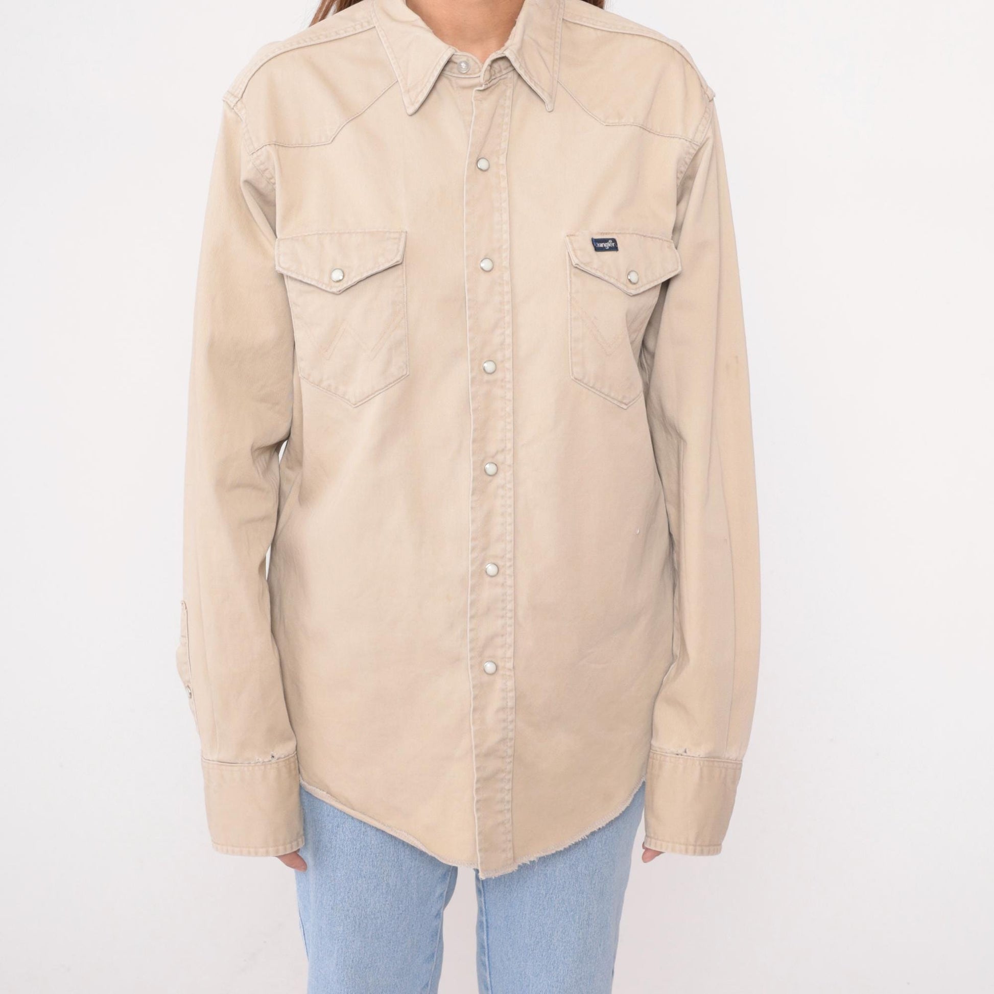90s Wrangler Western Shirt Beige Cotton Pearl Snap Workwear Extra Large XL