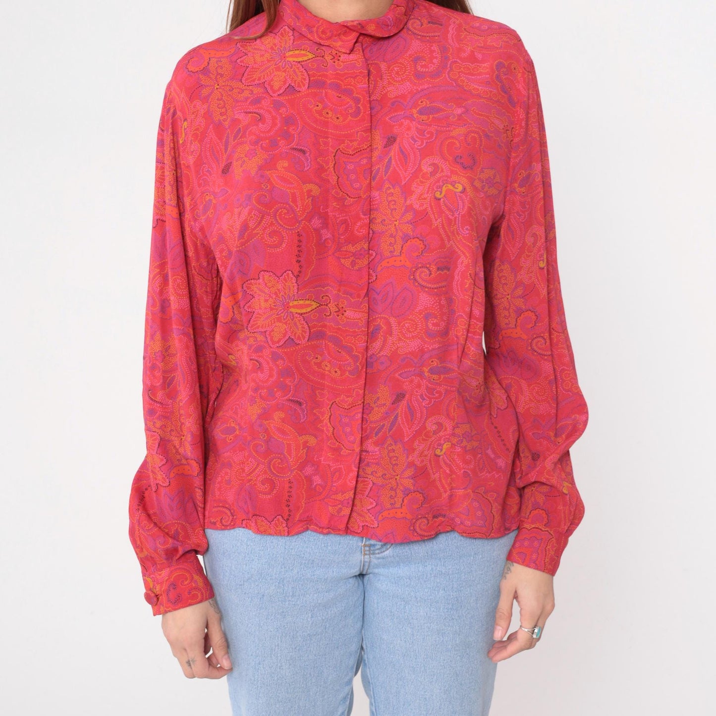 90s Evan Picone Coral Paisley Blouse Long Sleeve Pointed Collar Medium