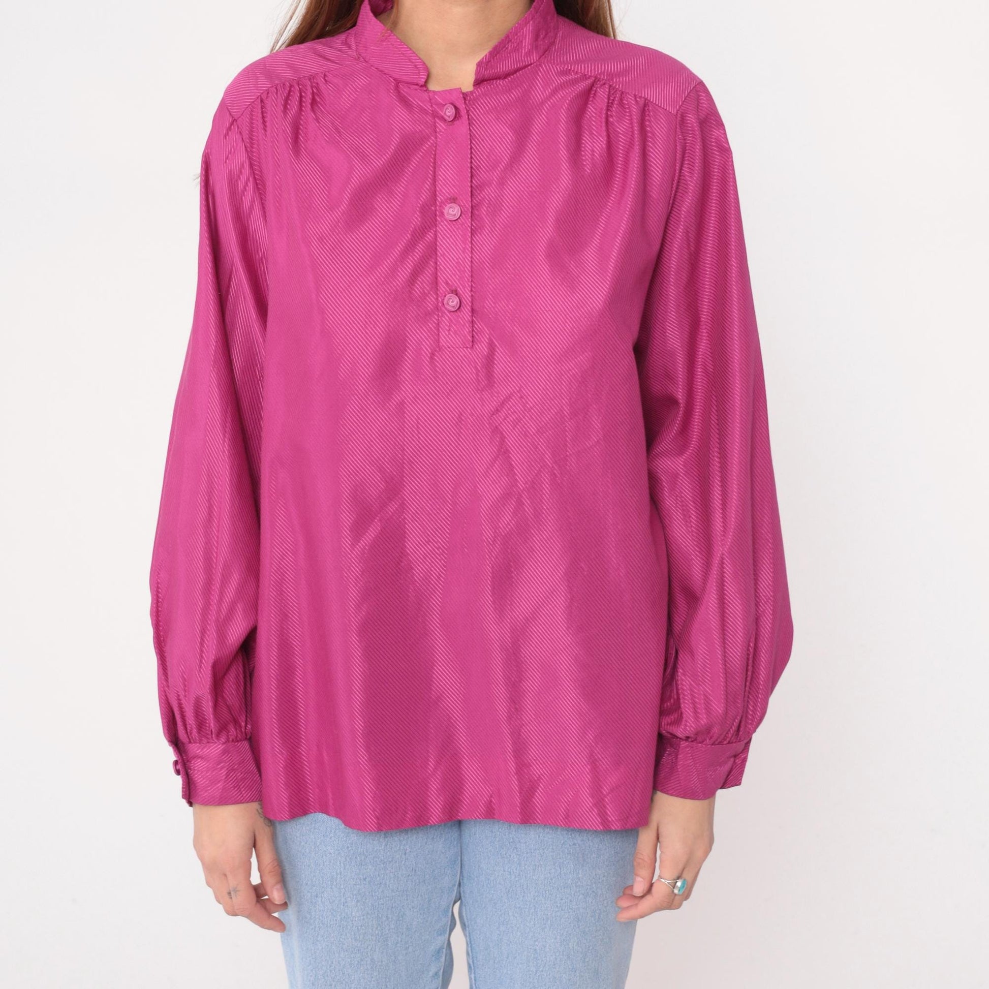 80s Pierre Cardin Magenta Button Blouse Diagonal Stripe Long Sleeve Extra Large