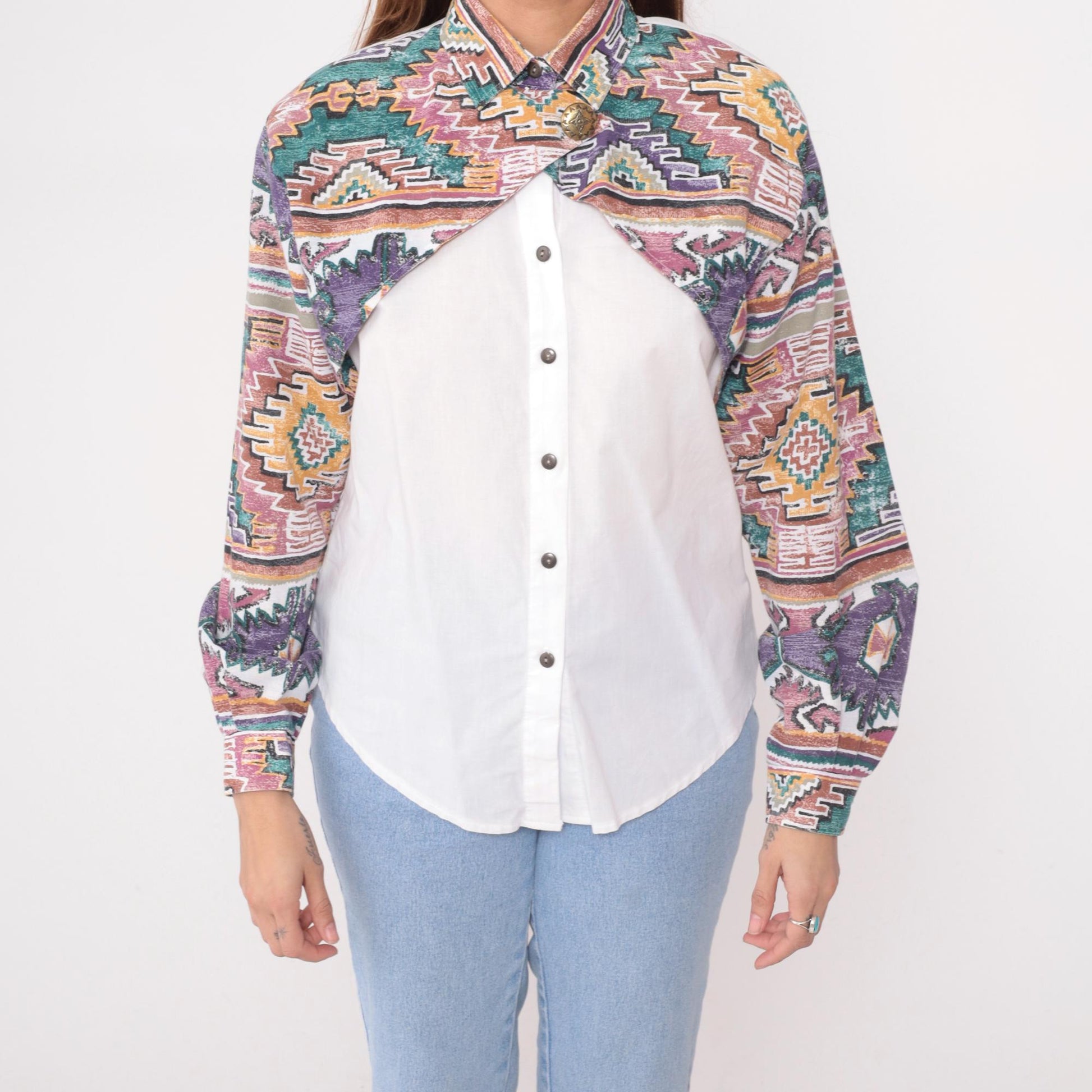 90s Rough Rider Western Shirt Southwestern Geometric Print Cotton Medium