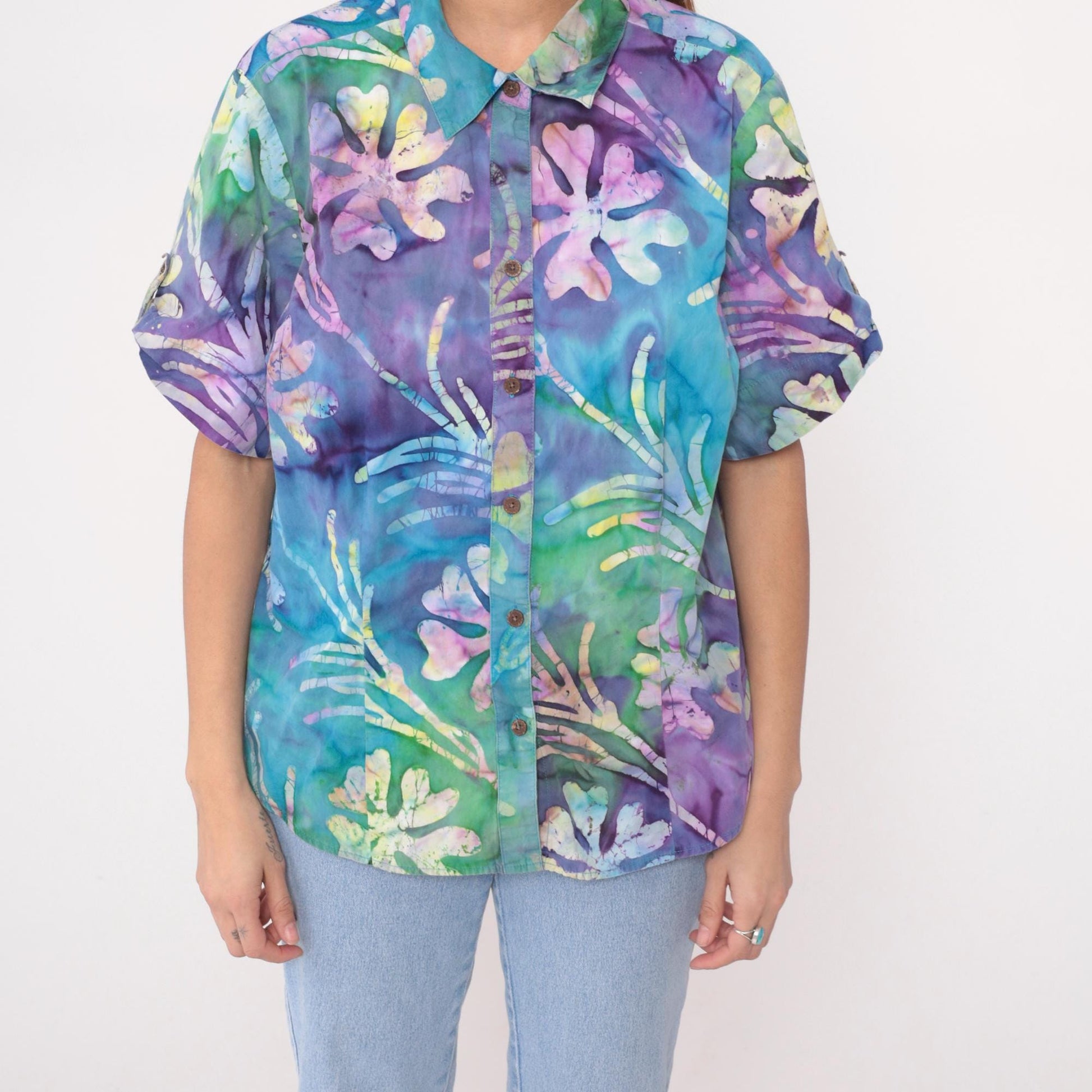 Y2K Caribbean Joe Tropical Floral Button-Up Shirt Purple Blue Green Plus Size 1X