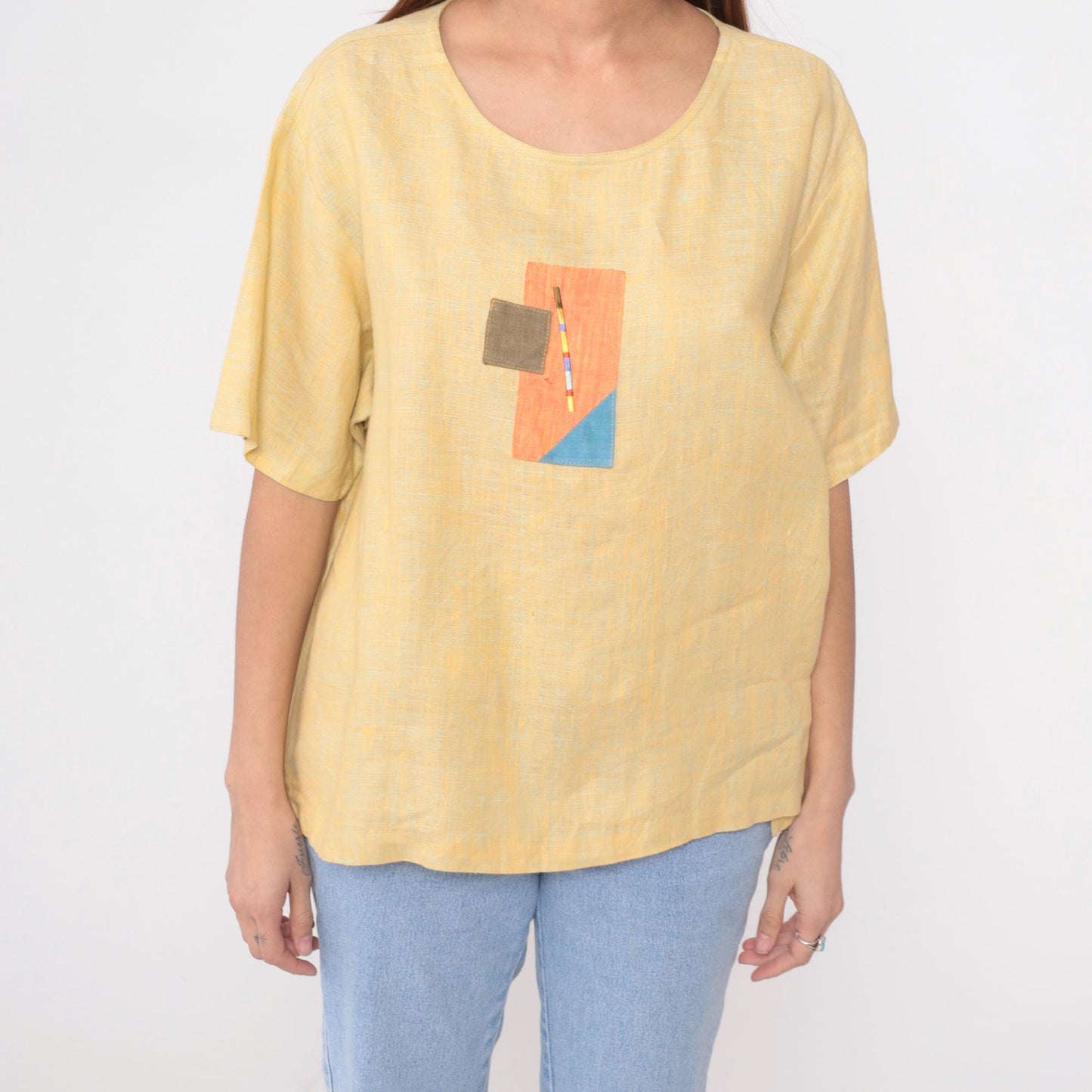 90s Nino Wong Yellow Linen Blouse Geometric Appliqué Short Sleeve Large L