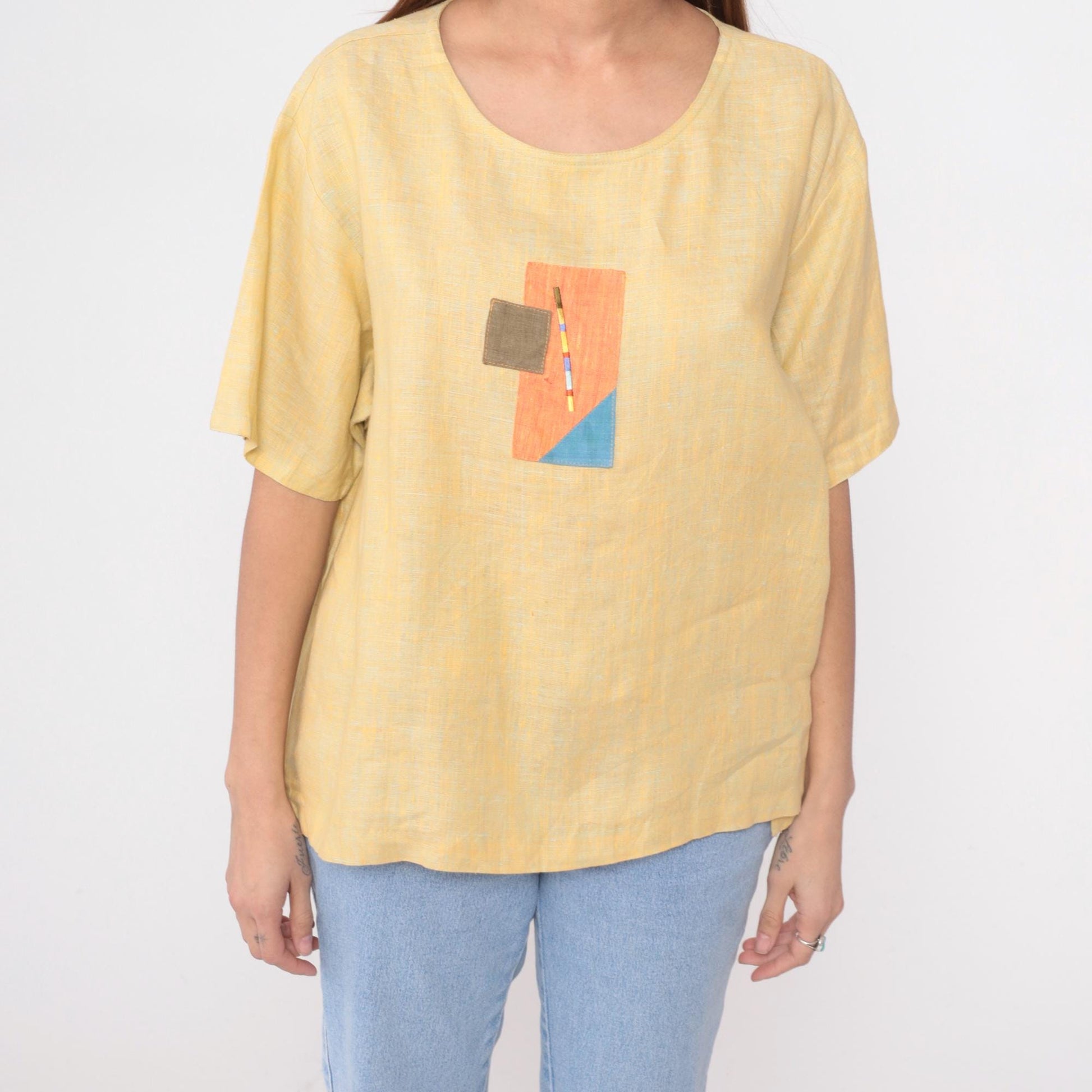 90s Nino Wong Yellow Linen Blouse Geometric Appliqué Short Sleeve Large L