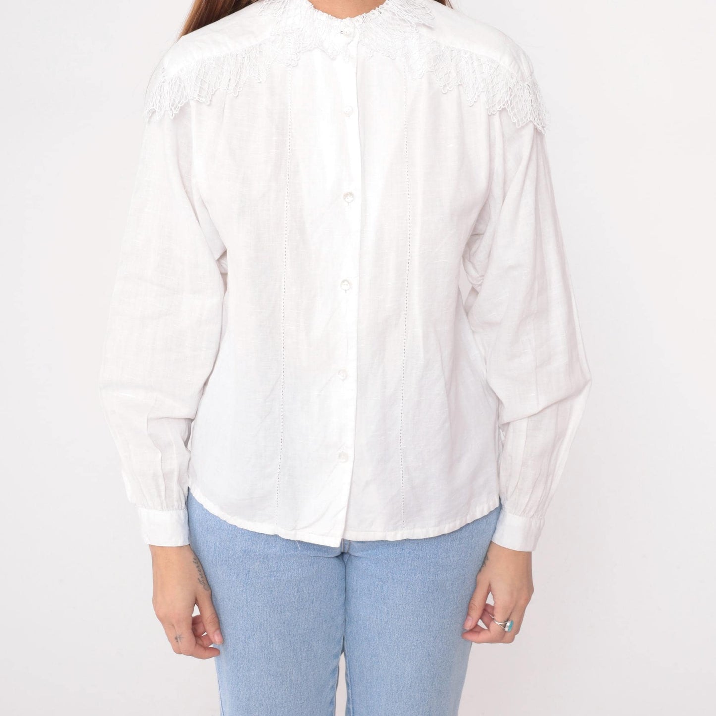 90s Carol Bird White Blouse Embroidered Lace Yoke Smocked Shoulders Medium