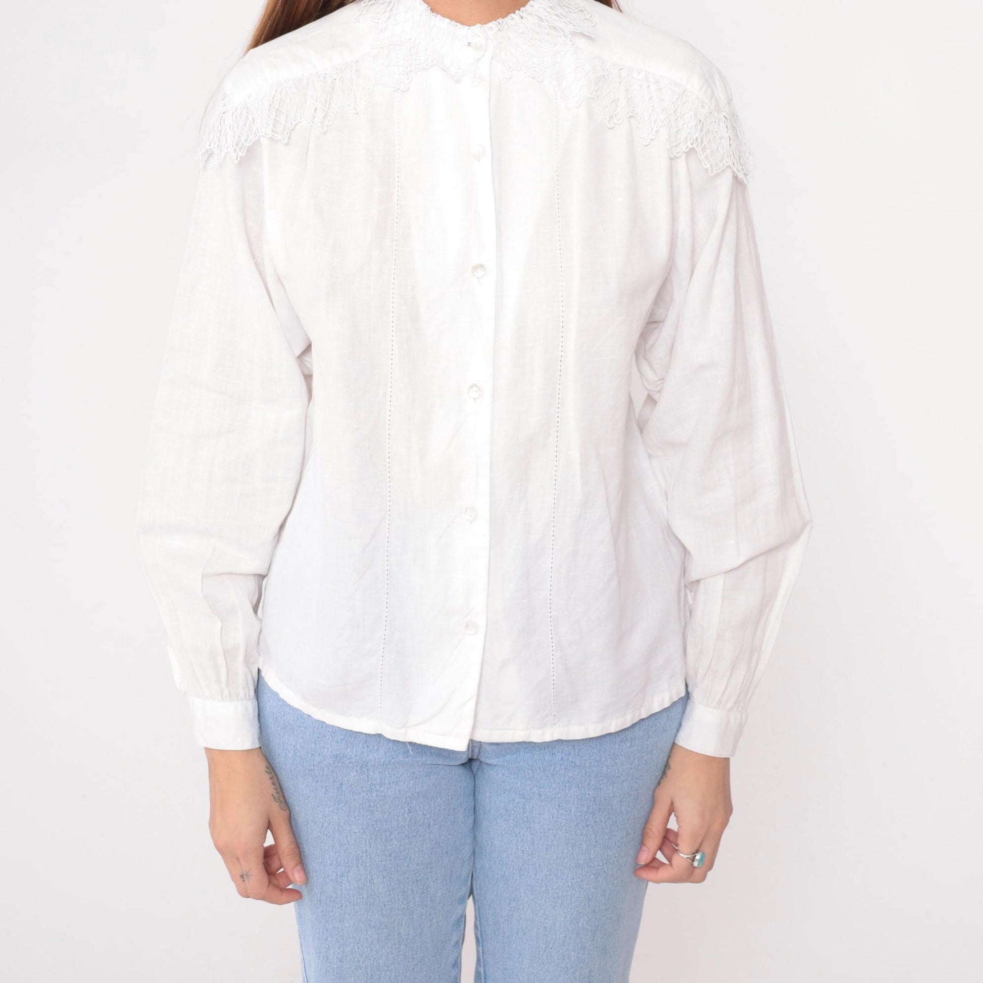 90s Carol Bird White Blouse Embroidered Lace Yoke Smocked Shoulders Medium