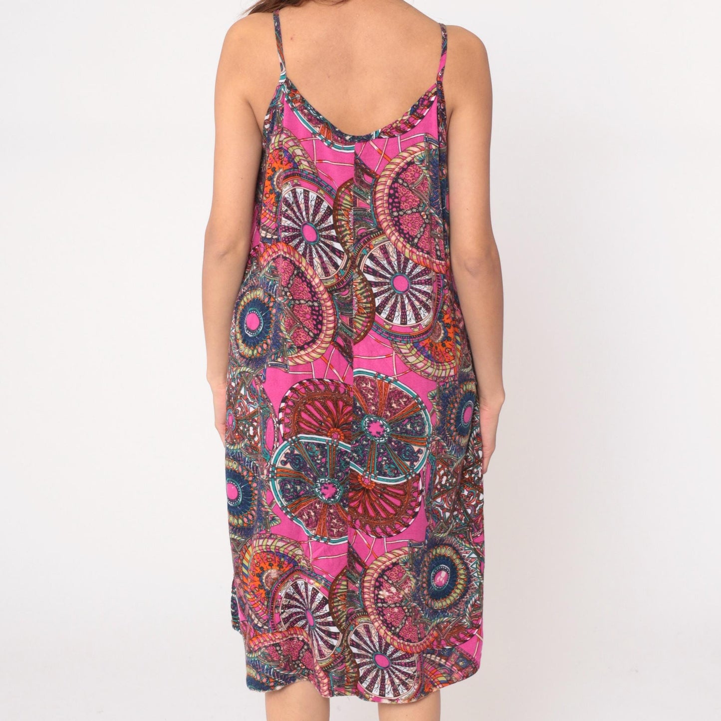 Y2K Psychedelic Mandala Slip Dress Pink Purple Spaghetti Strap Large L