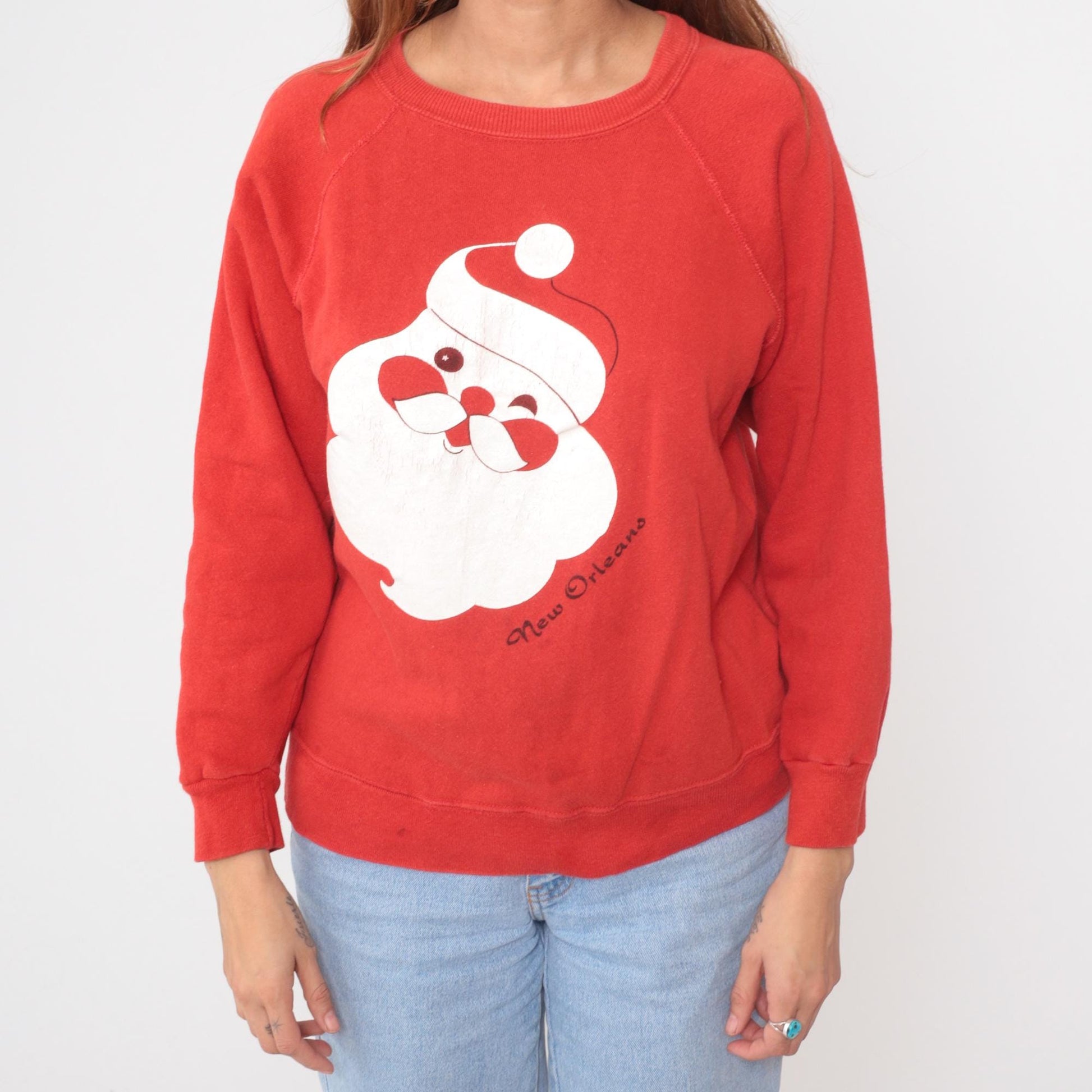 80s Santa Claus New Orleans Red Raglan Sweatshirt Christmas Graphic Medium