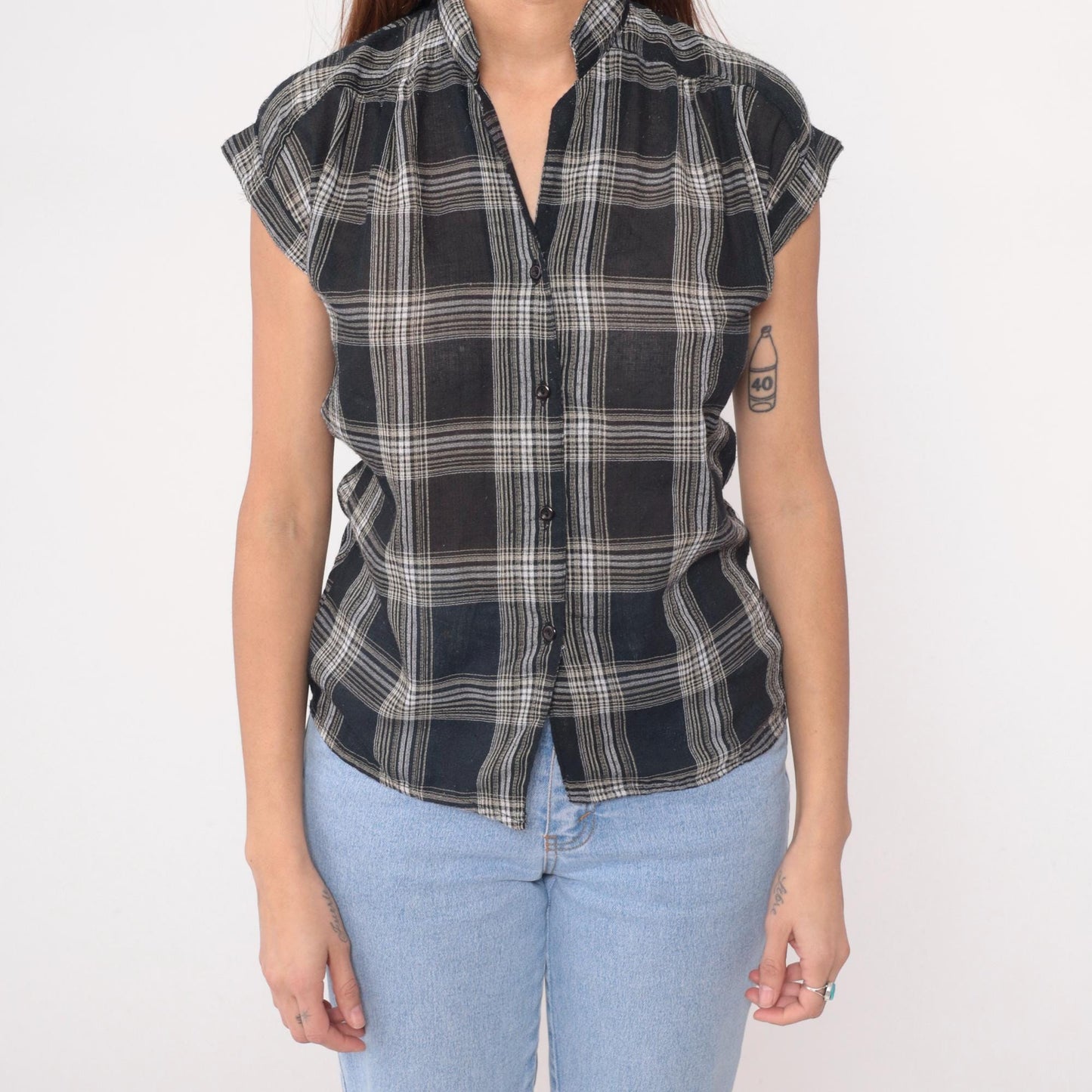 90s Bonjour Black White Plaid Short Sleeve Shirt Small