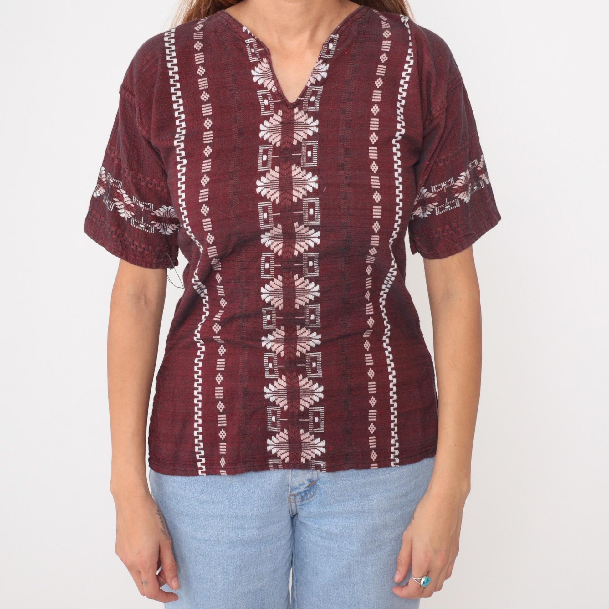 90s Burgundy Embroidered Cotton Blouse V-Neck Geometric Tribal Pattern Small