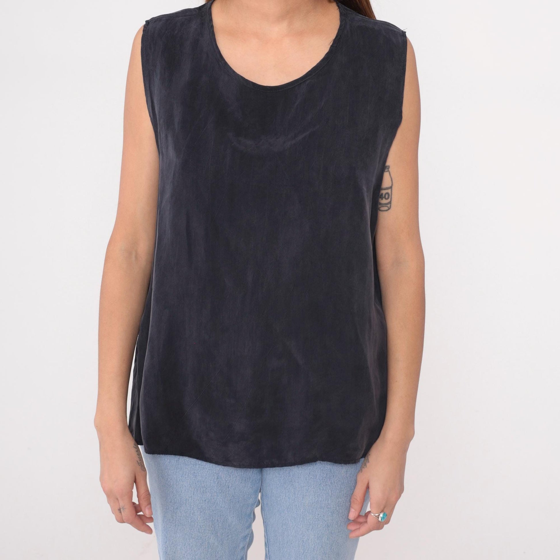 90s Black Rayon Tank Top Scoop Neck Sleeveless Camisole Large L