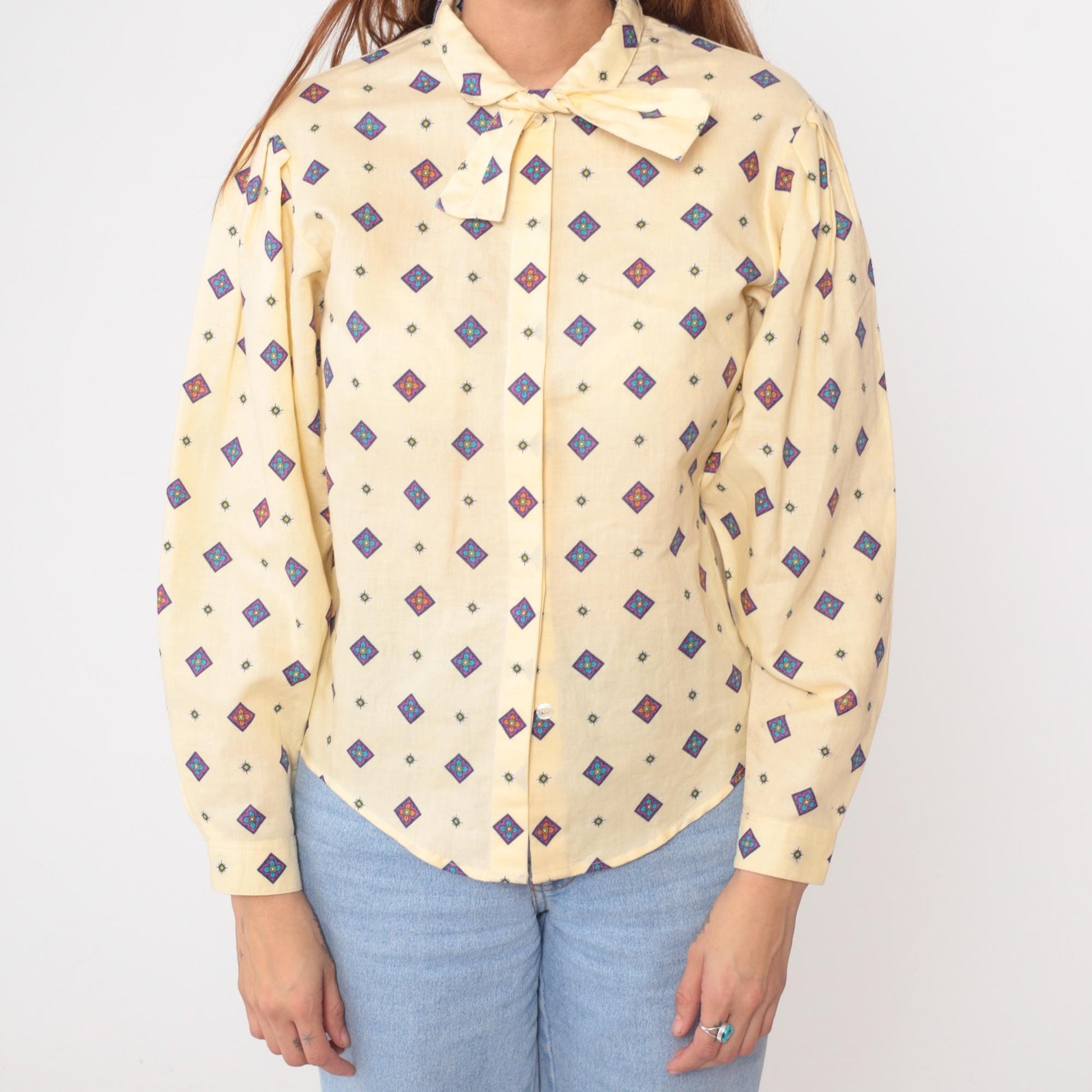 80s Pale Yellow Diamond Print Button-Up Blouse Purple Blue Geometric Medium