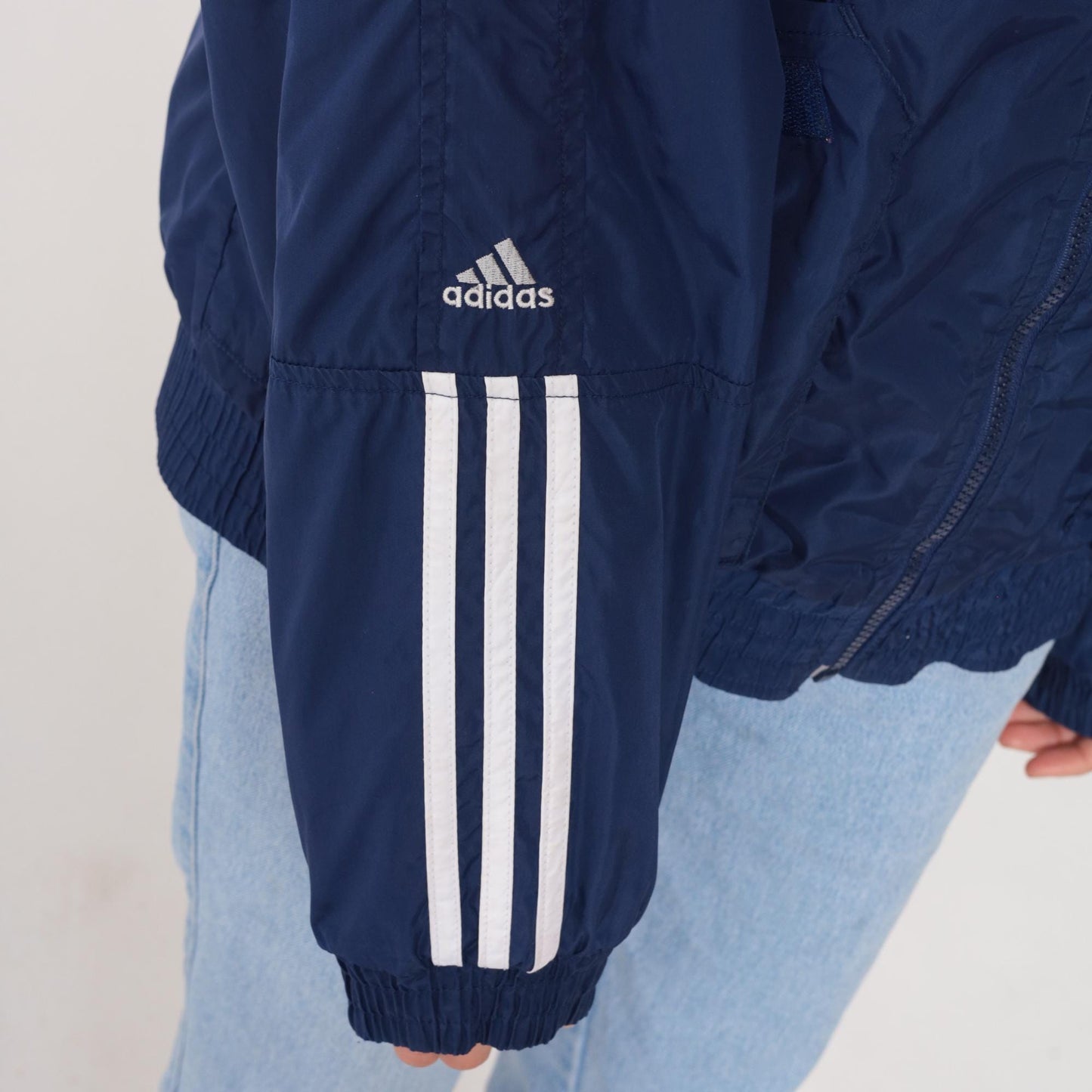 80s Adidas Navy Hooded Windbreaker Full Zip Three Stripe Small