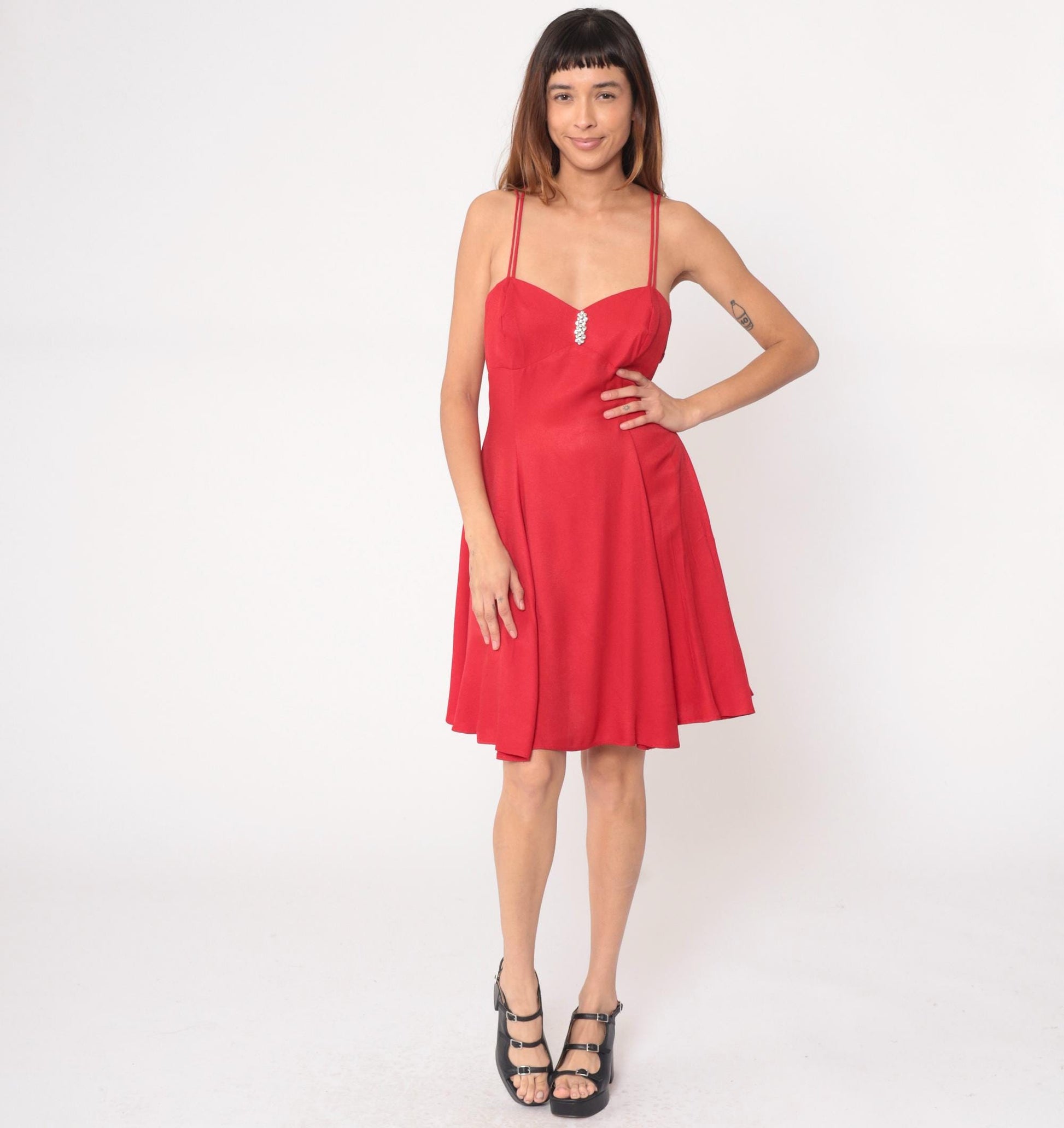 90s Red Mini Dress Sweetheart Neckline Rhinestone Filigree Ltd Medium M
