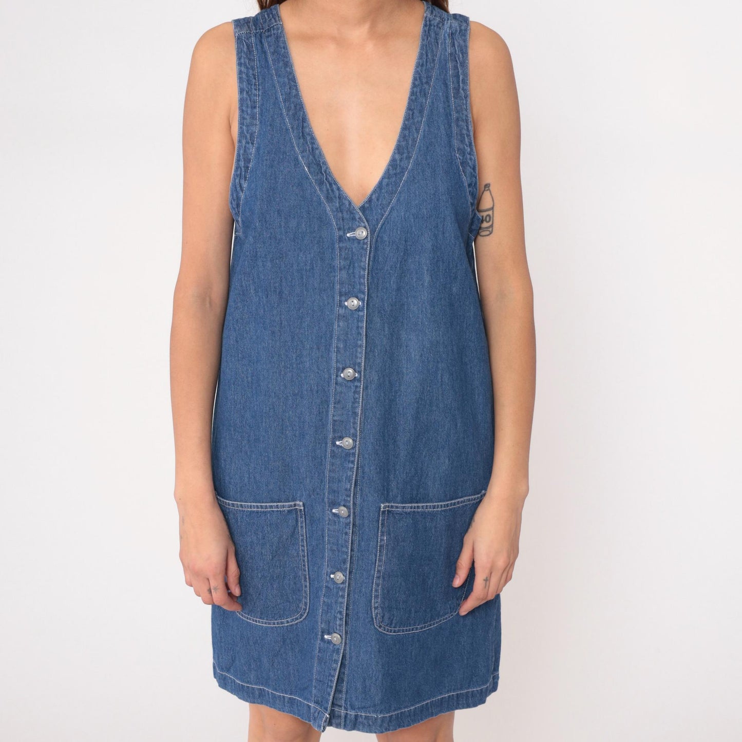 90s Northwest Blue Denim Dress Button Front Sleeveless Knee-Length Medium M