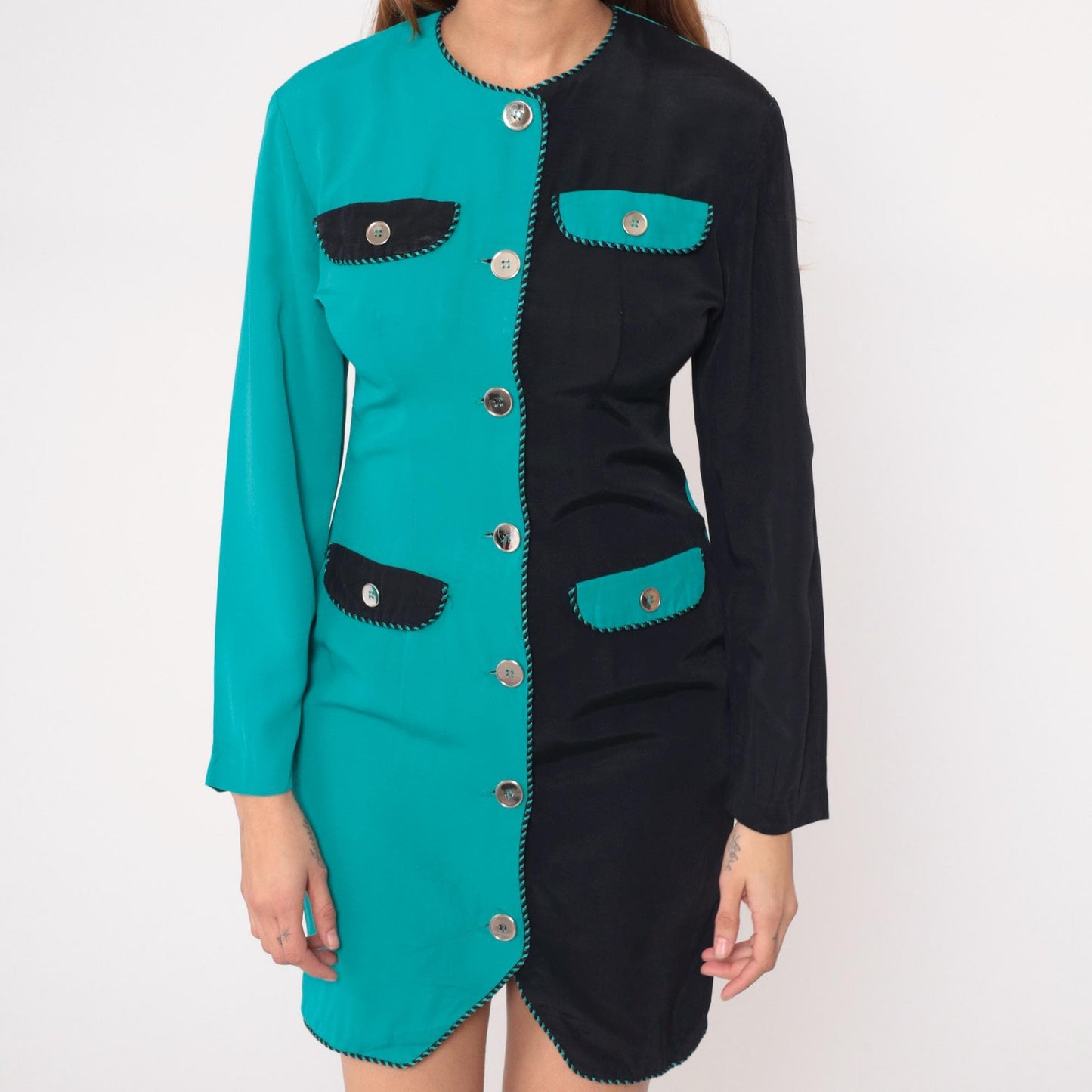 90s Sarah Taylor Colorblock Dress Teal Black Button Front Knee Length Small