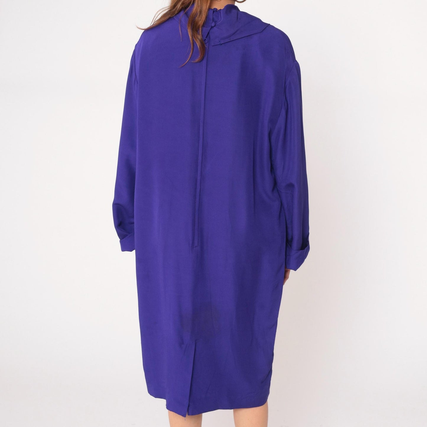 90s YL by Yair Purple Silk Dress Cowl Neck Long Sleeve Knee-Length Large L