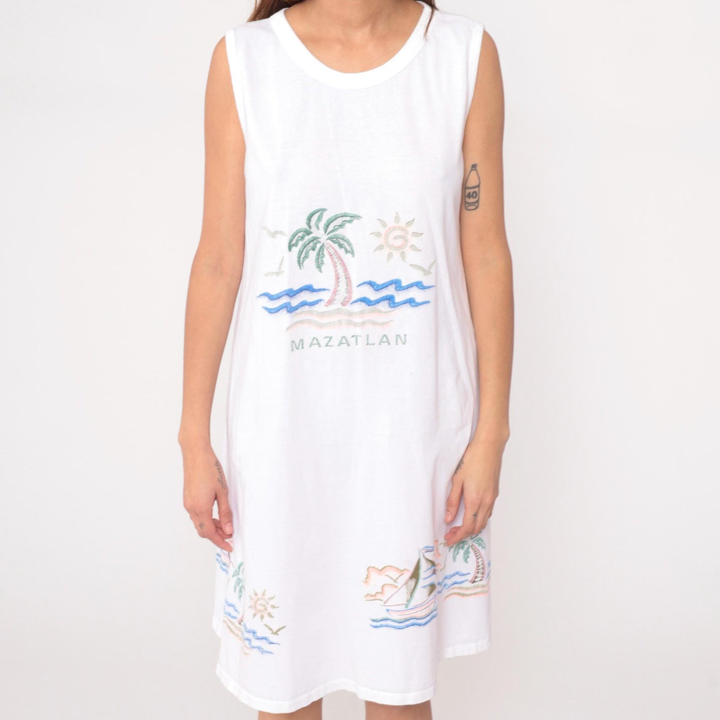 90s Mazatlan Mexico Embroidered White Cotton Shift Dress Large