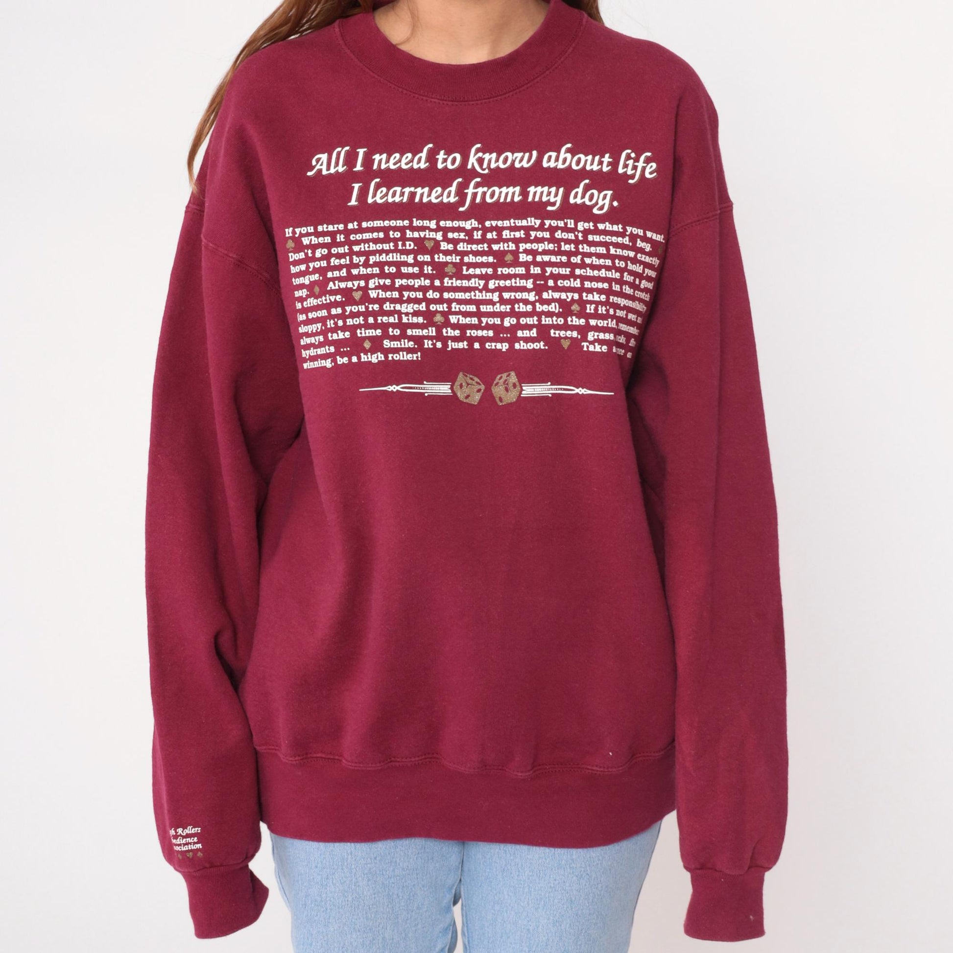 90s Fruit of the Loom Dog Life Lessons Sweatshirt Burgundy Large
