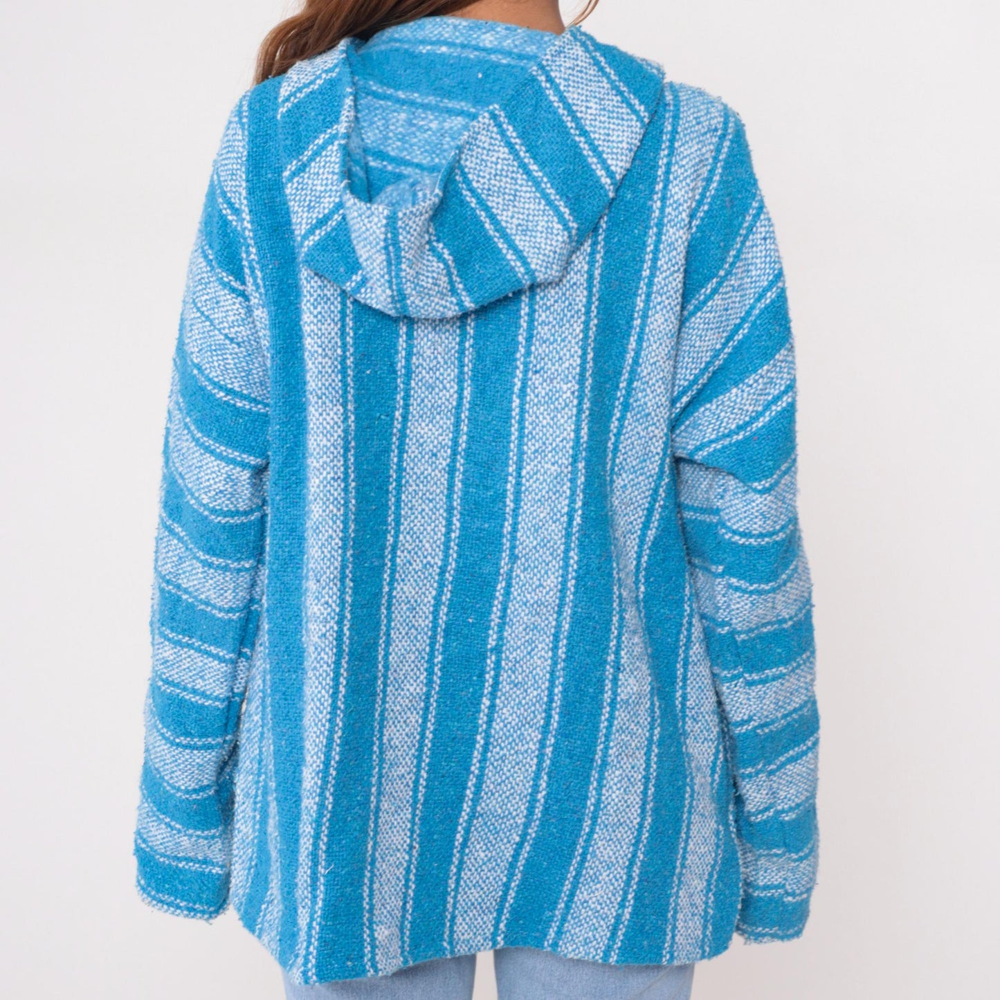 90s Blue White Striped Baja Hoodie Pullover Kangaroo Pocket Large