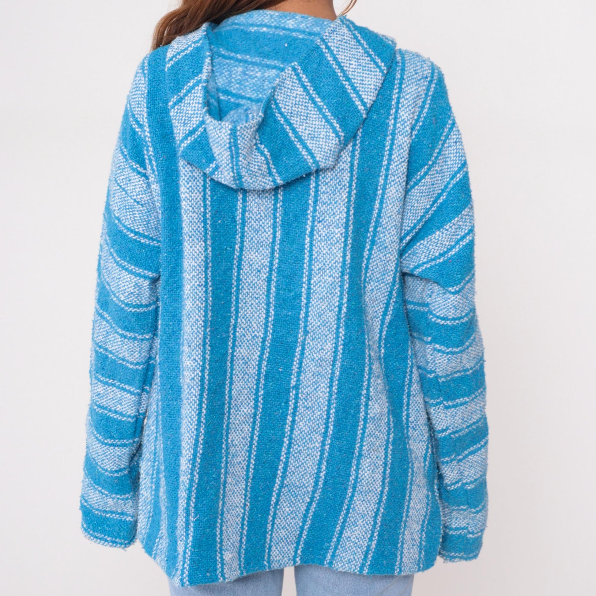 90s Blue White Striped Baja Hoodie Pullover Kangaroo Pocket Large